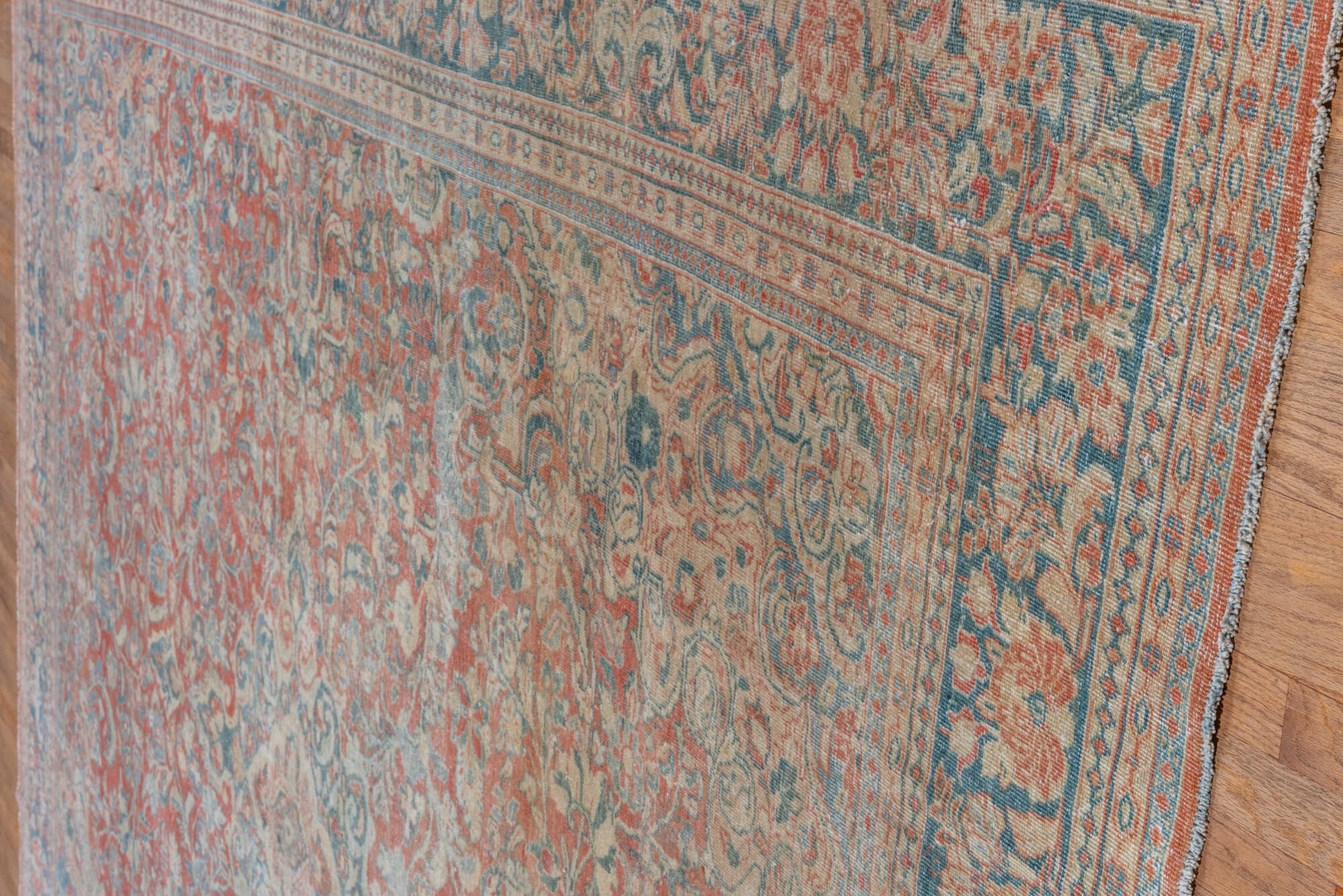 10' x 13' one-of-a-kind handmade vintage Mahal large size rug. Color palette: blue, brown, dark gray, gray, light gray