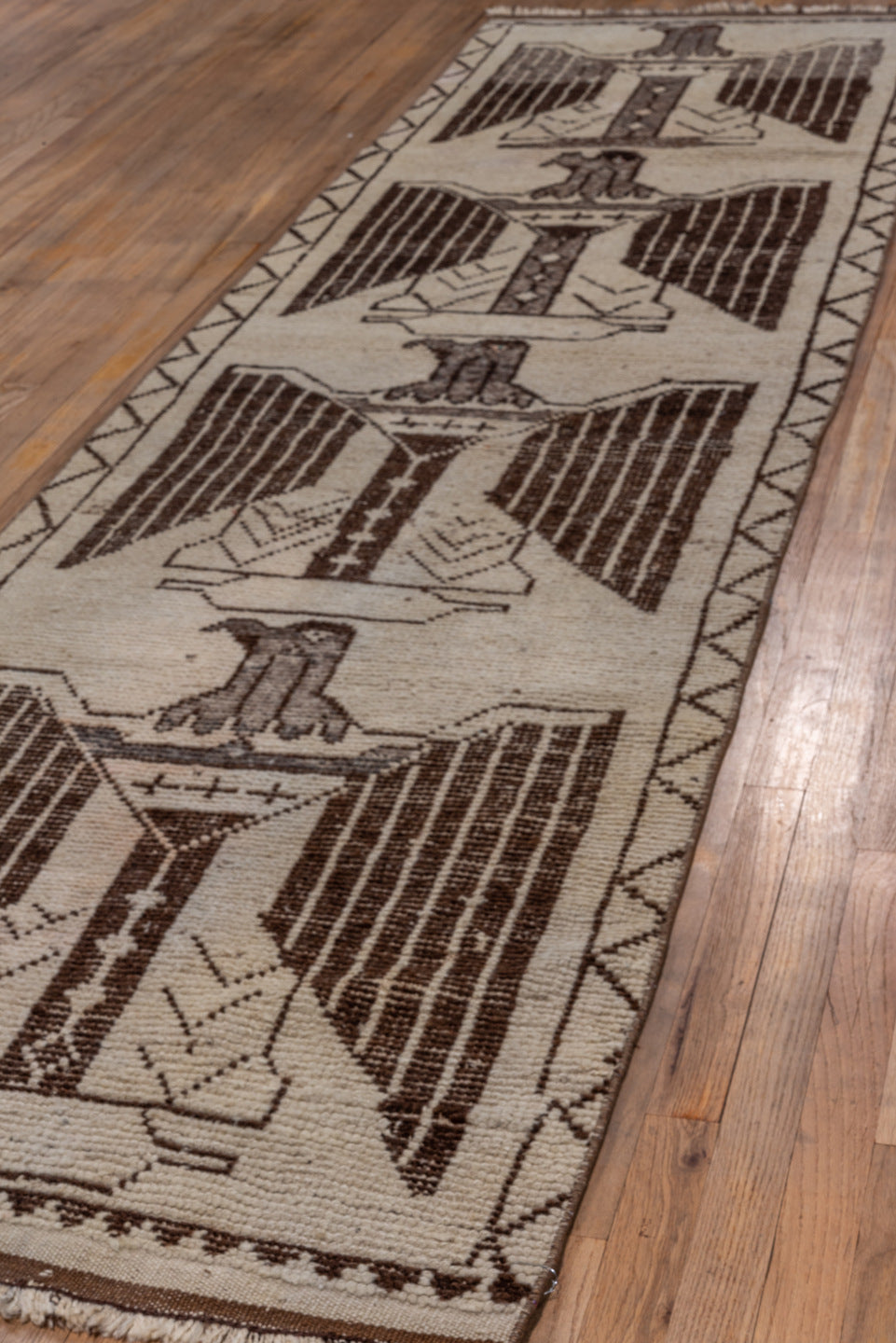 3' x 11' one-of-a-kind handmade vintage Kars runner rug. Color palette: gray, brown, light gray, off-white, black, white