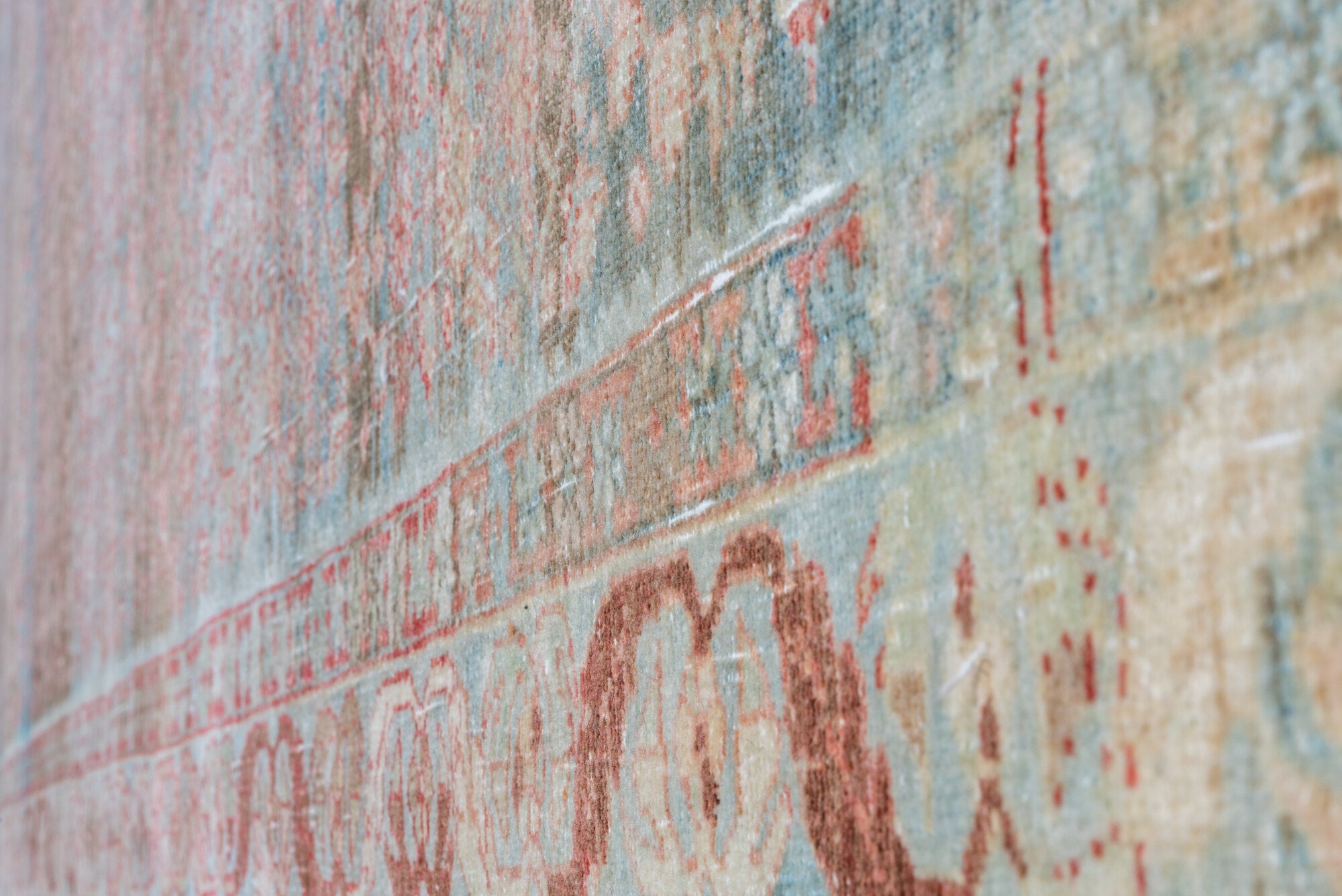 4' x 14' one-of-a-kind handmade vintage Bidjar runner rug. Color palette: pink, gray, light gray, brown, off-white, silver