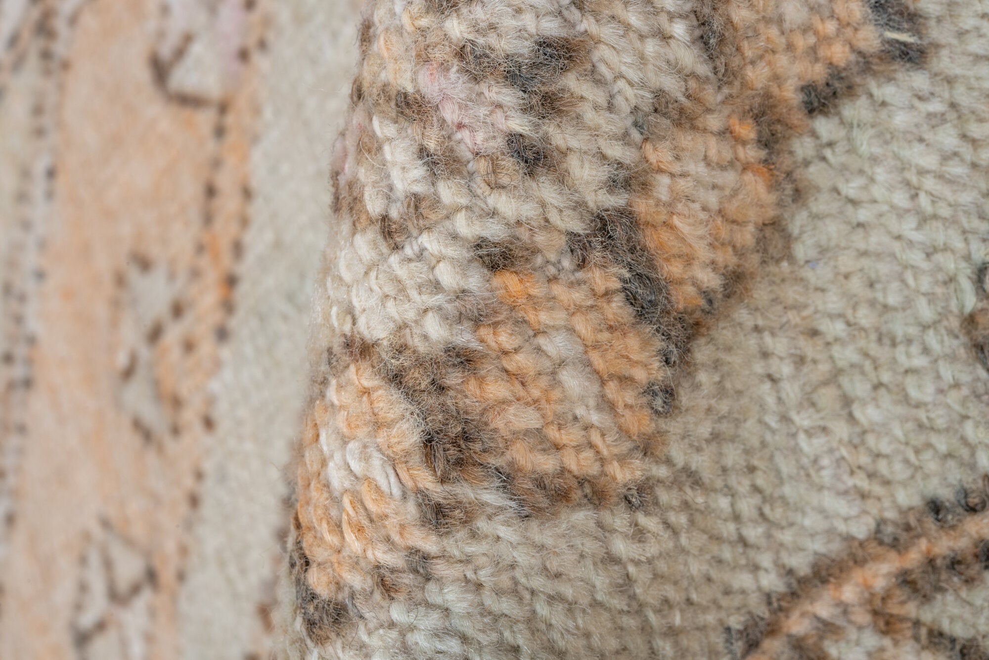 2' x 4' one-of-a-kind handmade vintage Oushak small size rug. Color palette: pink, light gray, off-white, gray, brown