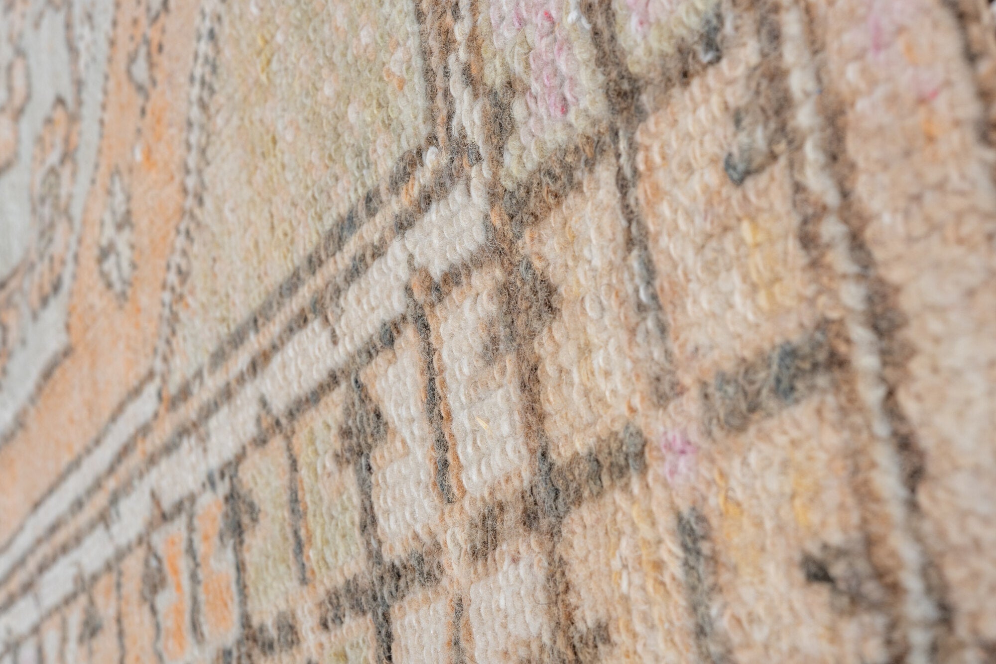 2' x 4' one-of-a-kind handmade vintage Oushak small size rug. Color palette: pink, light gray, off-white, gray, brown