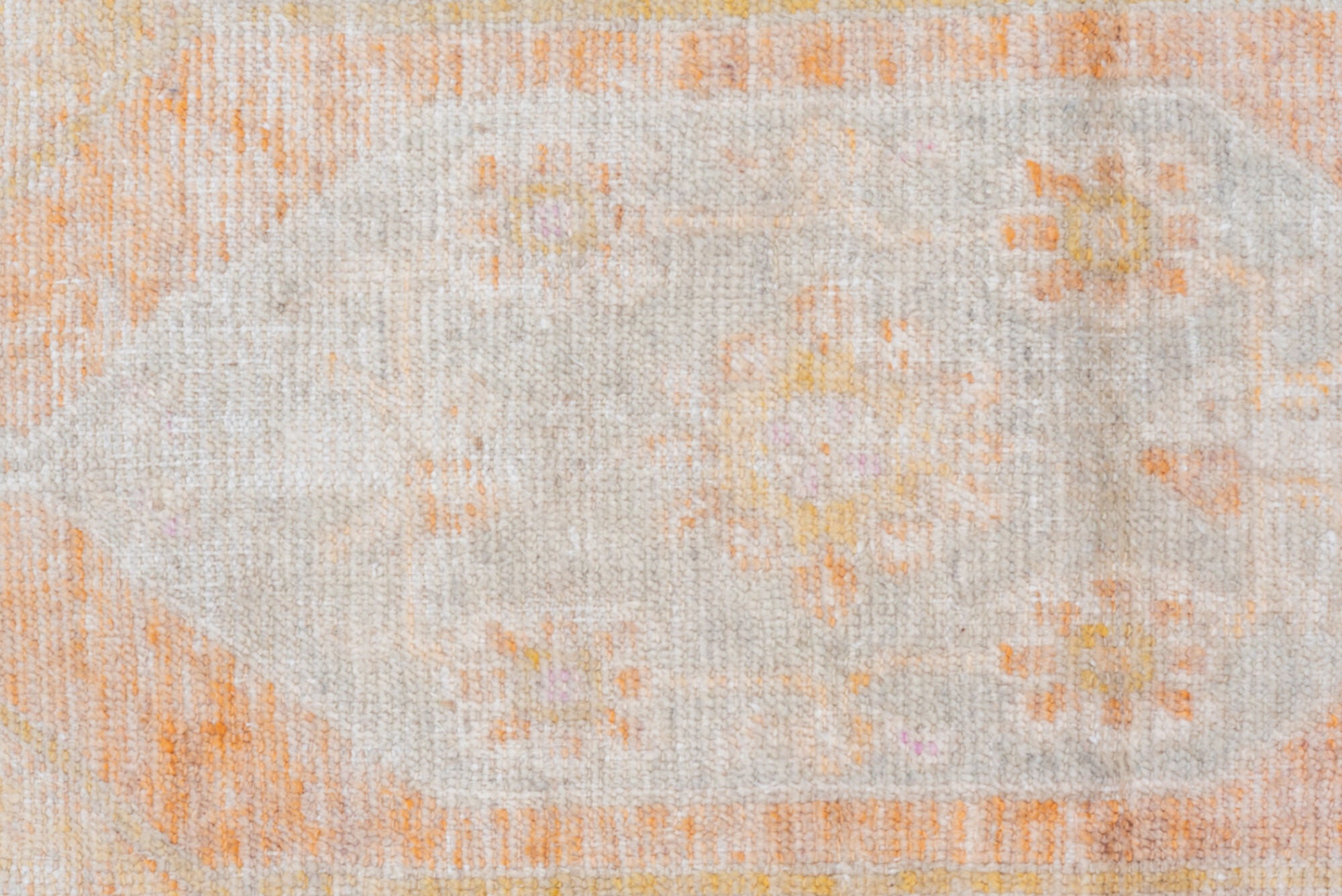 2' x 4' one-of-a-kind handmade vintage Oushak small size rug. Color palette: gray, light gray, off-white, brown, pink