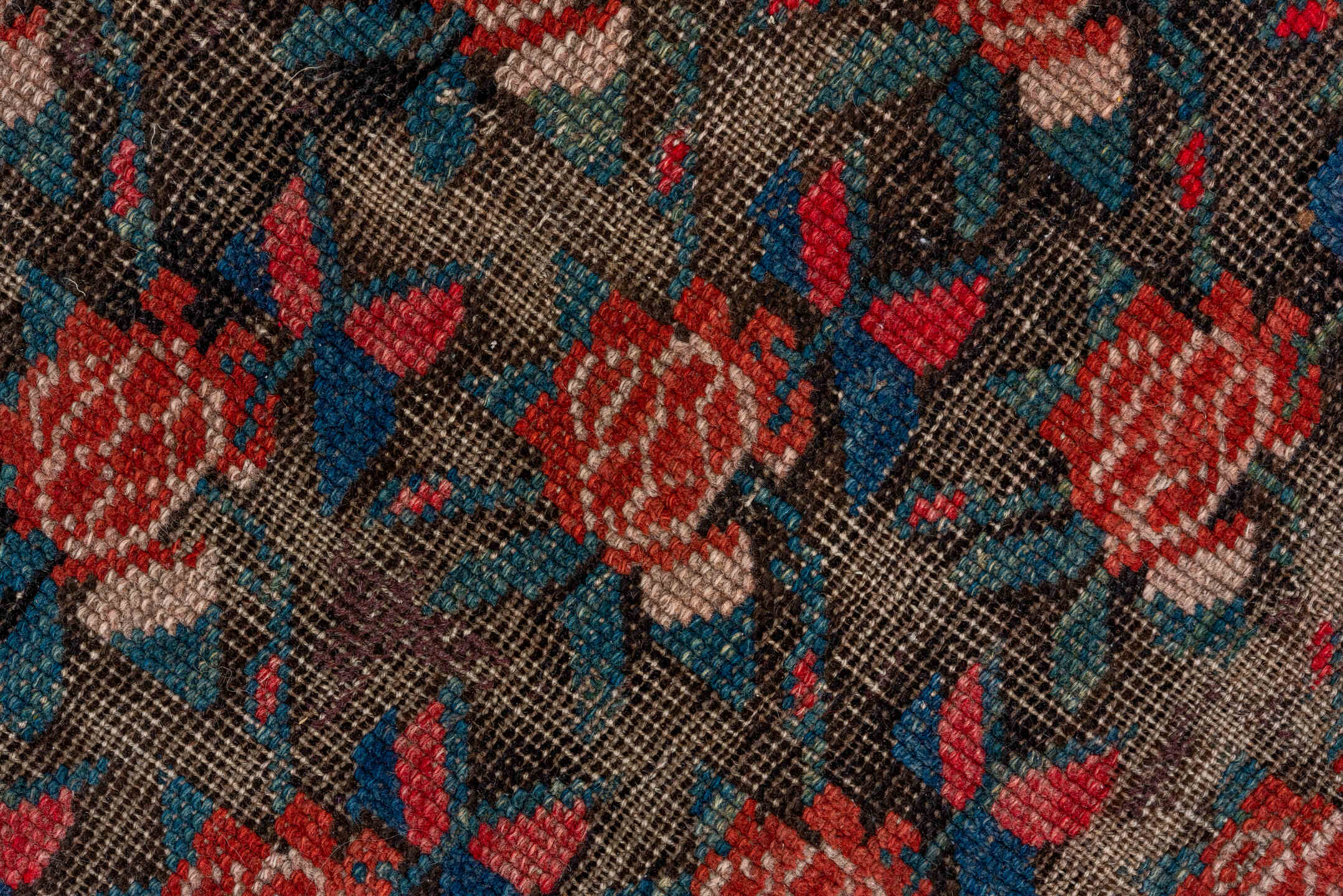 4' x 8' one-of-a-kind handmade vintage Karabagh runner rug. Color palette: brown, red, pink, gray, black, blue, fire brick