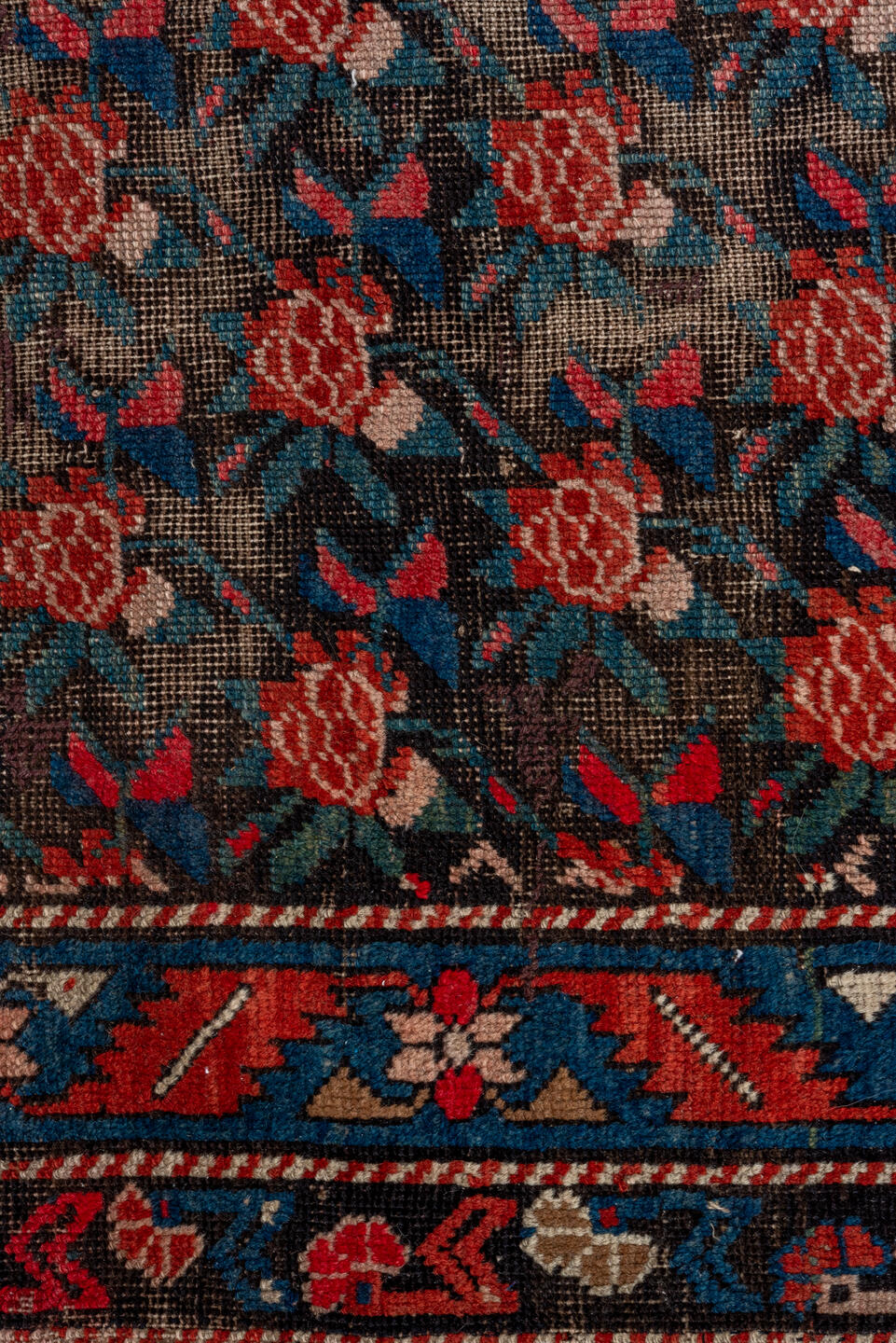 4' x 8' one-of-a-kind handmade vintage Karabagh runner rug. Color palette: brown, red, pink, gray, black, blue, fire brick