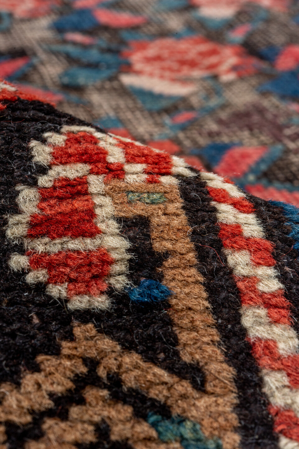 4' x 8' one-of-a-kind handmade vintage Karabagh runner rug. Color palette: brown, red, pink, gray, black, blue, fire brick