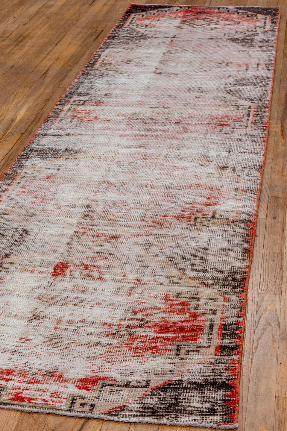 2' x 11' one-of-a-kind handmade vintage Oushak runner rug. Color palette: gray, light gray, off-white, red, pink, brown