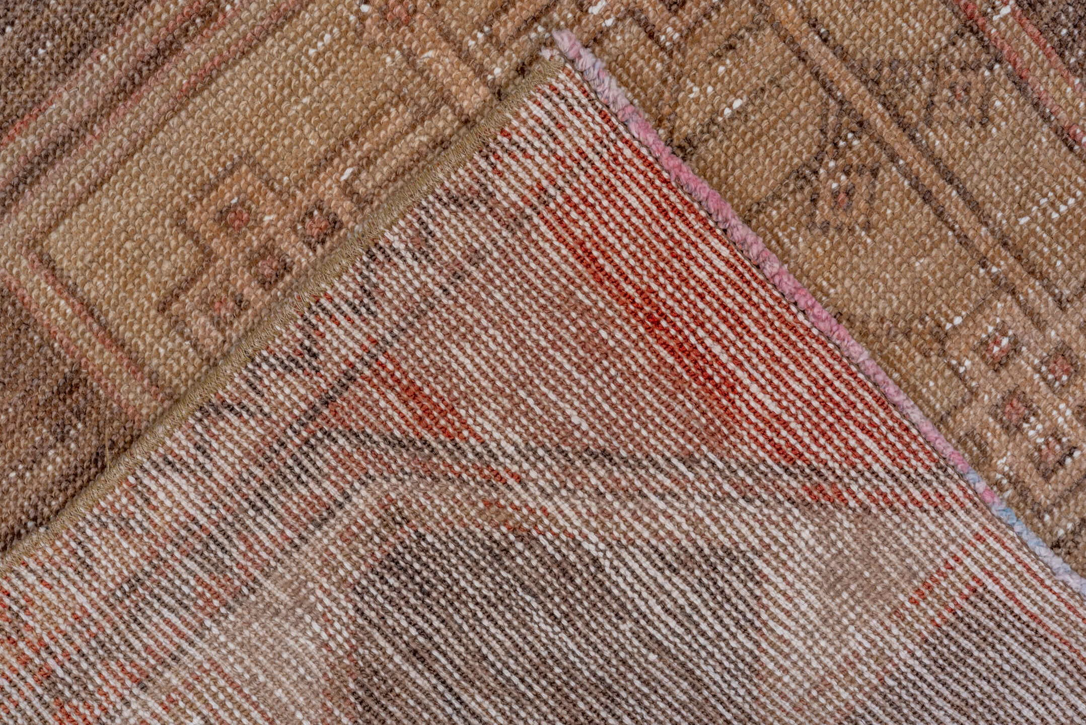 2' x 9' one-of-a-kind handmade vintage Oushak runner rug. Color palette: pink, red, brown, off-white, gray, light gray