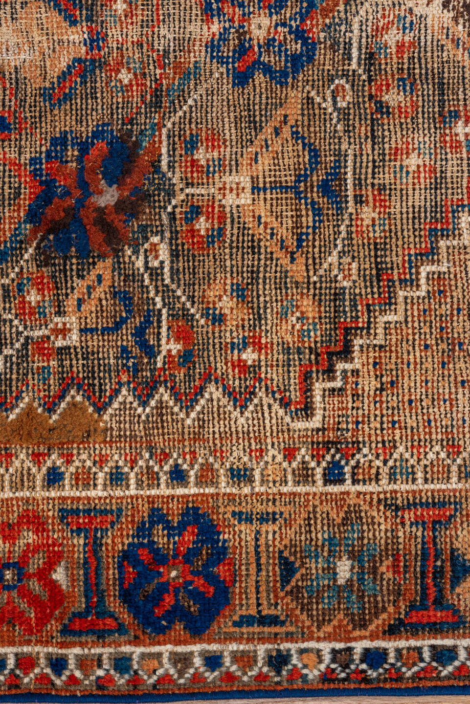 3' x 5' one-of-a-kind handmade vintage Afshar small size rug. Color palette: brown, pink, orange, off-white, blue, gray, red