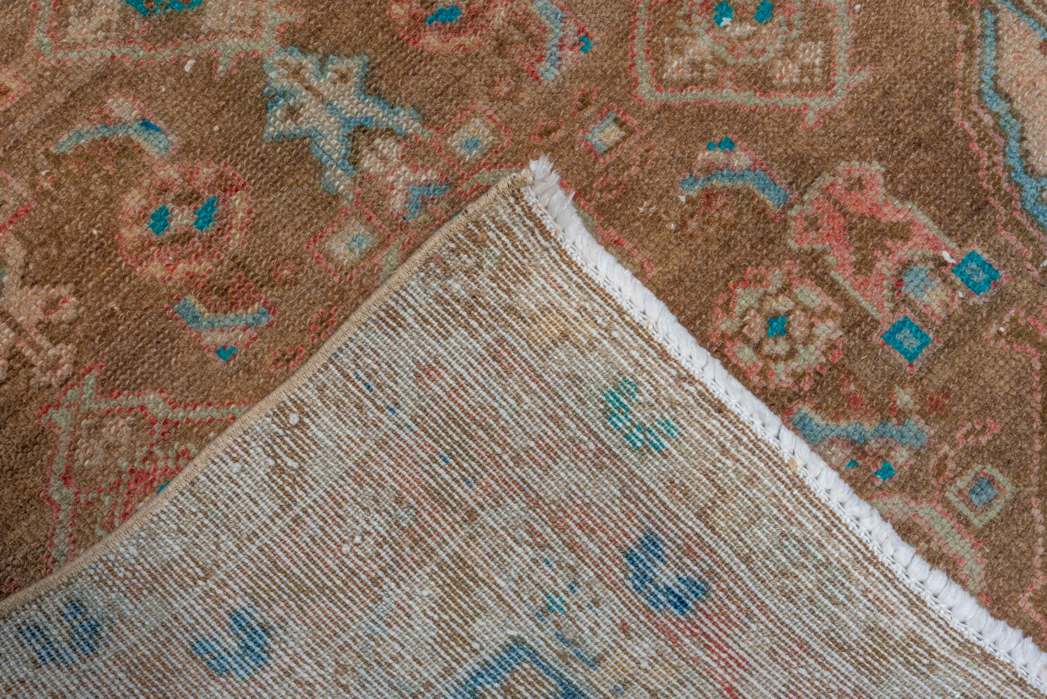 2' x 15' one-of-a-kind handmade vintage Malayer runner rug. Color palette: pink, gray, brown, red, off-white, blue, green