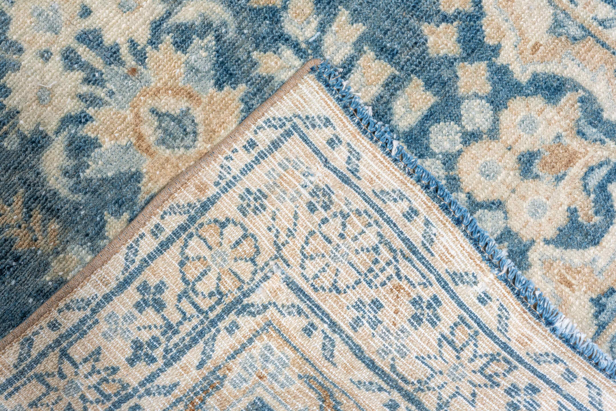 2' x 22' one-of-a-kind handmade vintage Lilian runner rug. Color palette: blue, gray, light gray, off-white, silver
