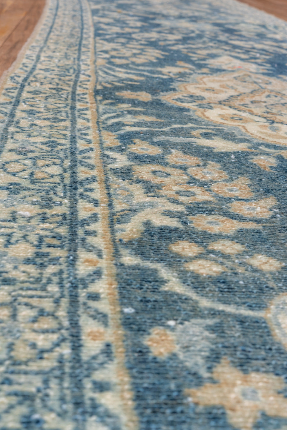 2' x 22' one-of-a-kind handmade vintage Lilian runner rug. Color palette: blue, gray, light gray, off-white, silver