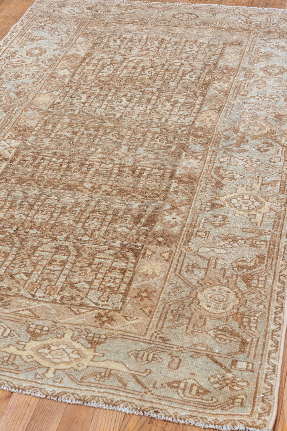 3' x 6' one-of-a-kind handmade vintage Malayer small size rug. Color palette: brown, gray, off-white, orange, light gray