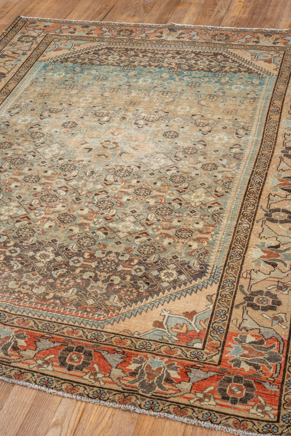 4' x 6' one-of-a-kind handmade vintage Malayer small size rug. Color palette: brown, orange, gray, off-white, blue, green