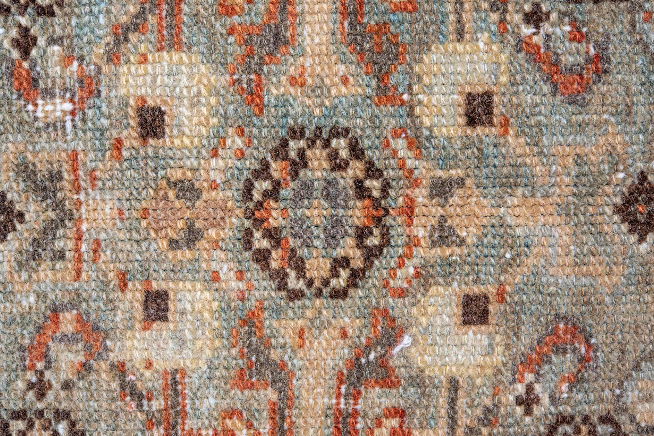 4' x 6' one-of-a-kind handmade vintage Malayer small size rug. Color palette: brown, orange, gray, off-white, blue, green