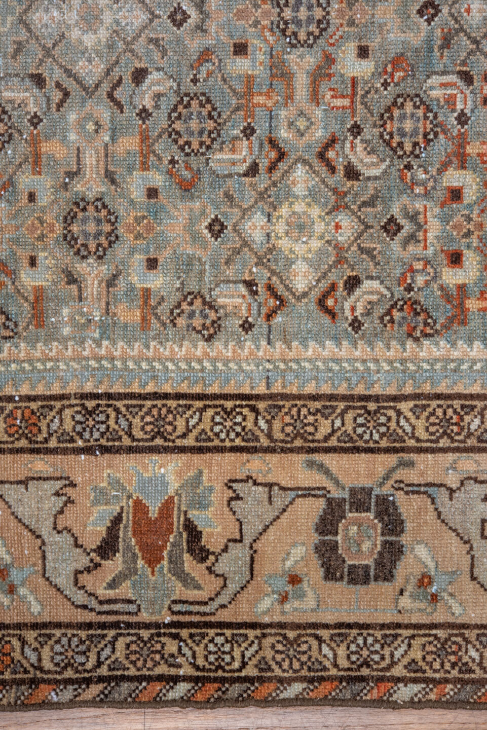 4' x 6' one-of-a-kind handmade vintage Malayer small size rug. Color palette: brown, orange, gray, off-white, blue, green