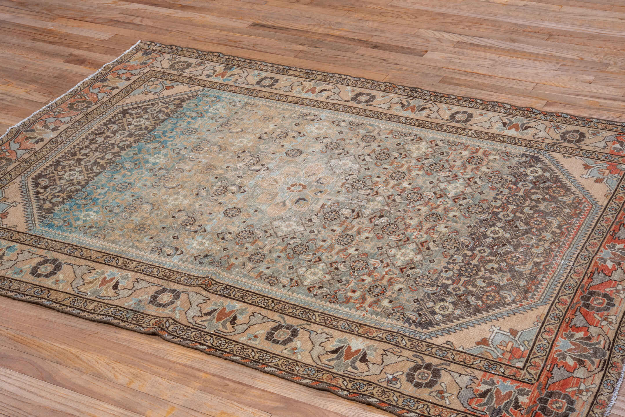 4' x 6' one-of-a-kind handmade vintage Malayer small size rug. Color palette: brown, orange, gray, off-white, blue, green