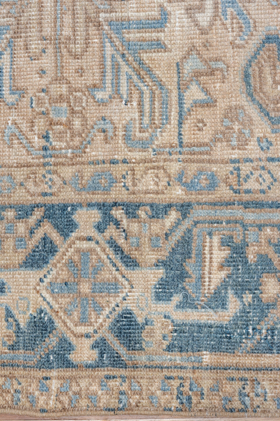 6' x 8' one-of-a-kind handmade vintage Heriz medium size rug. Color palette: gray, off-white, light gray, blue, light blue