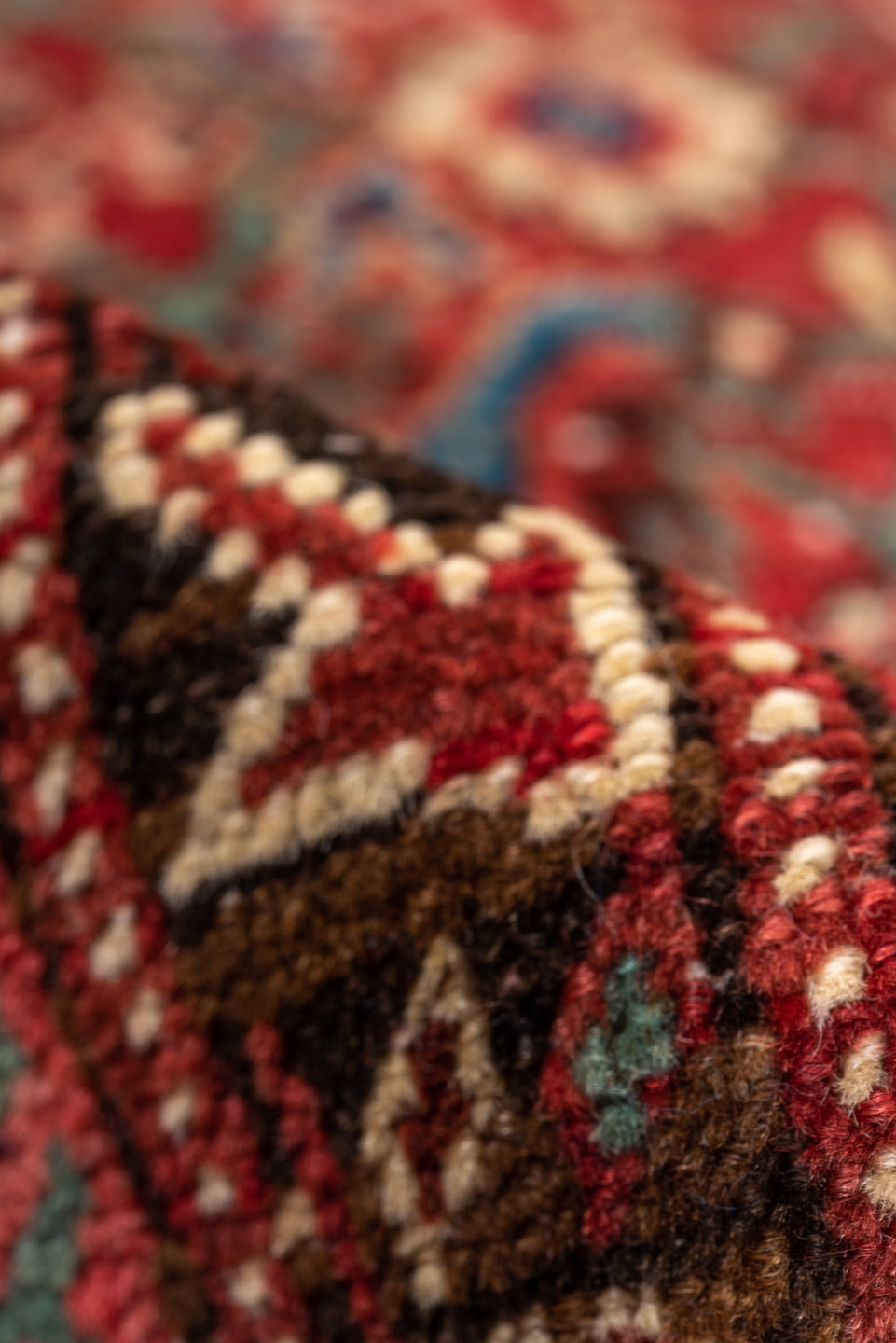 5' x 9' one-of-a-kind handmade vintage Malayer medium size rug. Color palette: pink, brown, gray, red, blue, arapawa