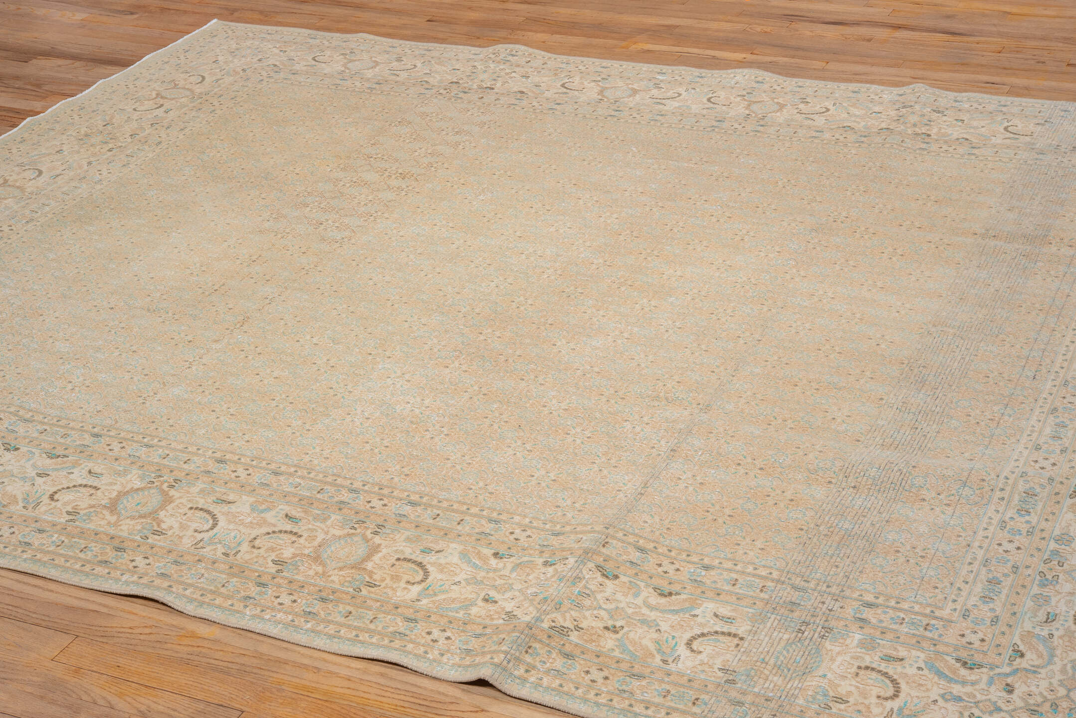 7' x 9' one-of-a-kind handmade vintage Tabriz rug. Color palette: brown, gray, light gray, off-white, orange, tan