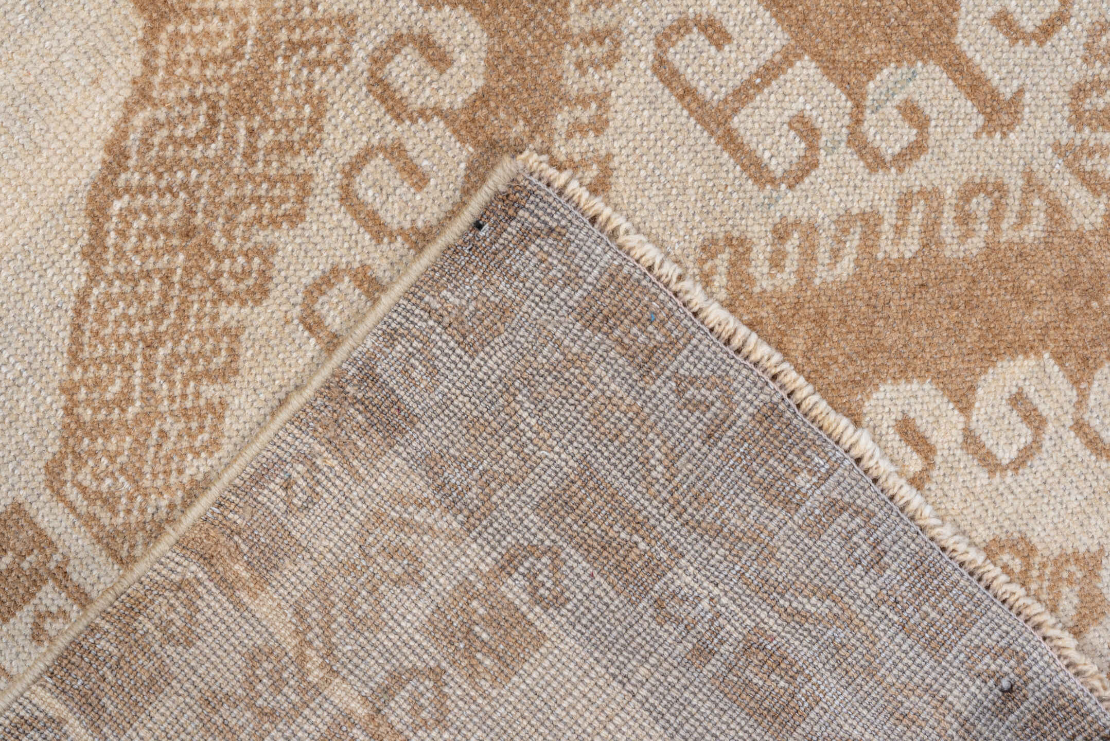 3' x 6' one-of-a-kind handmade vintage Belouch small size rug. Color palette: brown, gray, light gray, orange, off-white