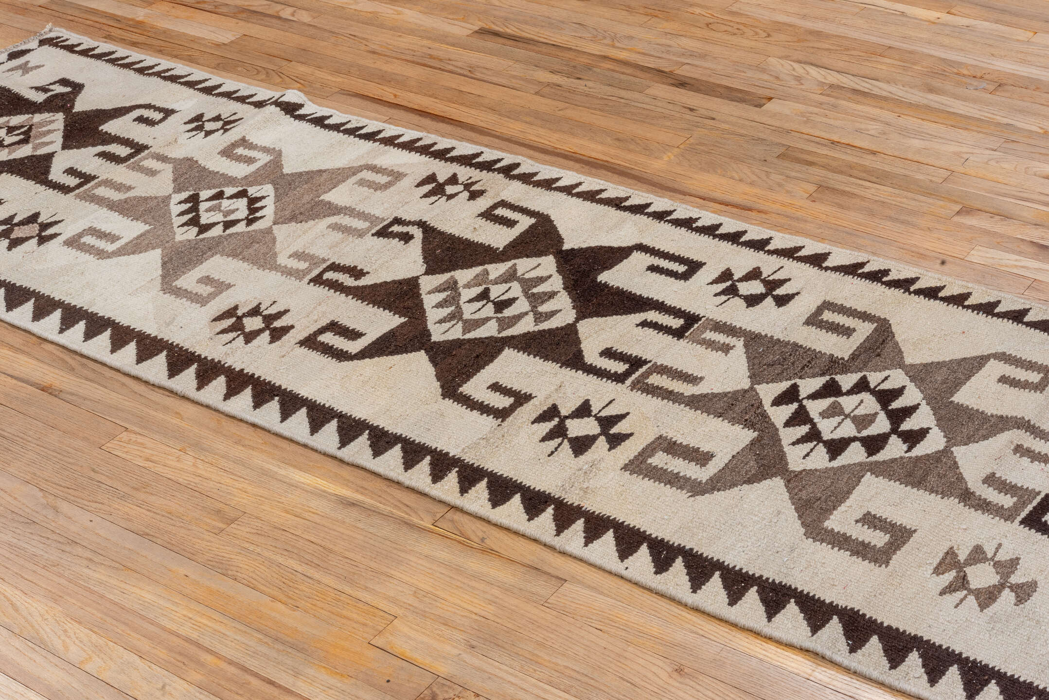 2' x 10' one-of-a-kind handmade vintage Kilim runner rug. Color palette: gray, light gray, brown, off-white, pink, dim gray