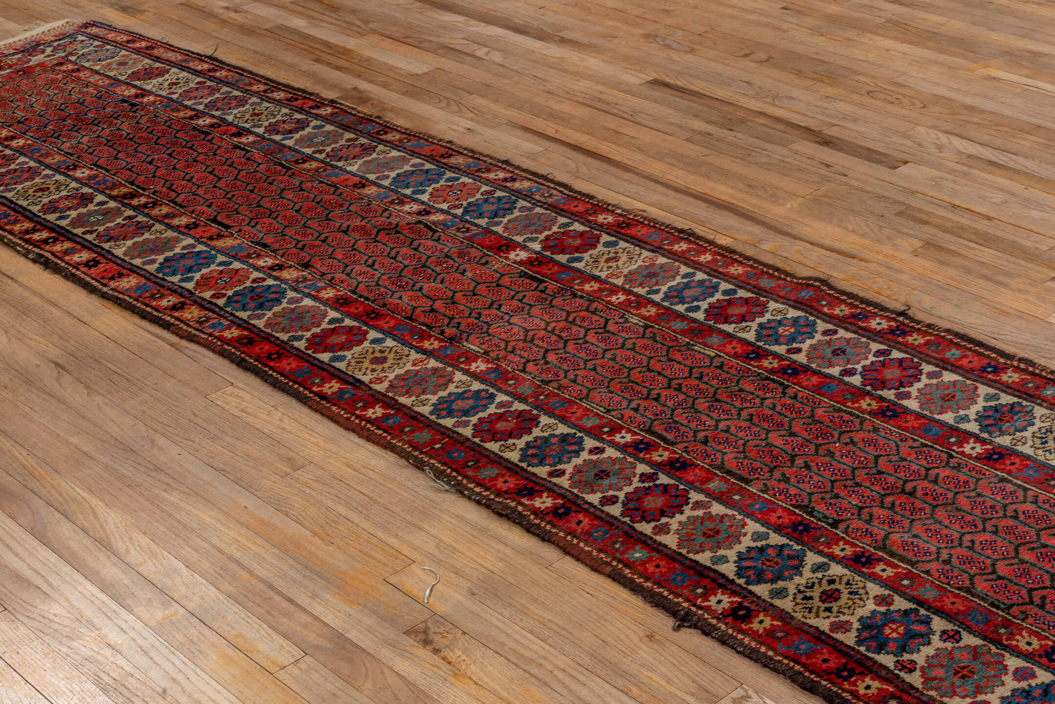 2' x 13' one-of-a-kind handmade vintage Malayer runner rug. Color palette: brown, red, black, gray, blue, off-white, white