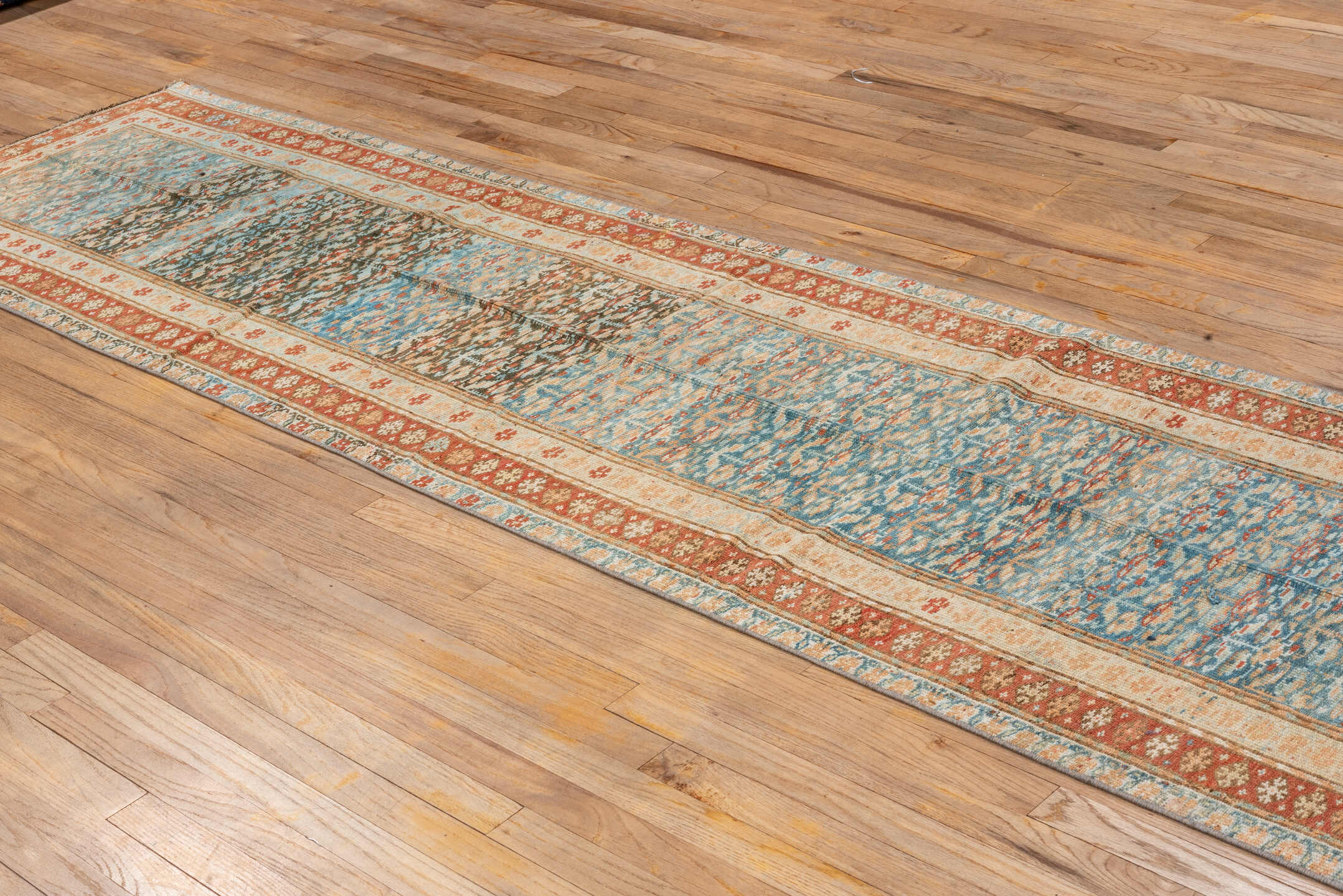 2' x 14' one-of-a-kind handmade vintage Malayer runner rug. Color palette: gray, blue, brown, pink, orange, light gray