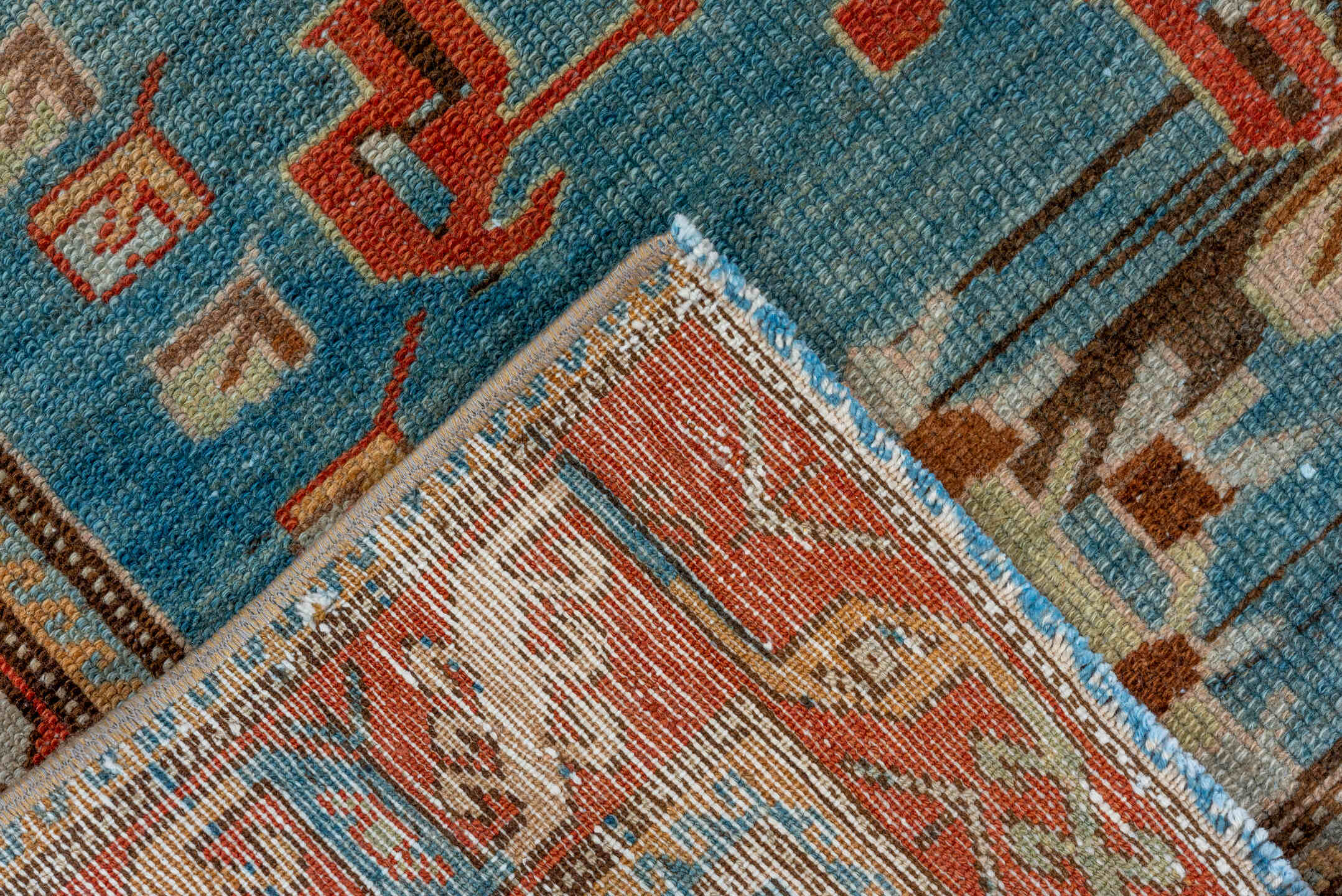 3' x 10' one-of-a-kind handmade vintage Malayer runner rug. Color palette: brown, gray, blue, black