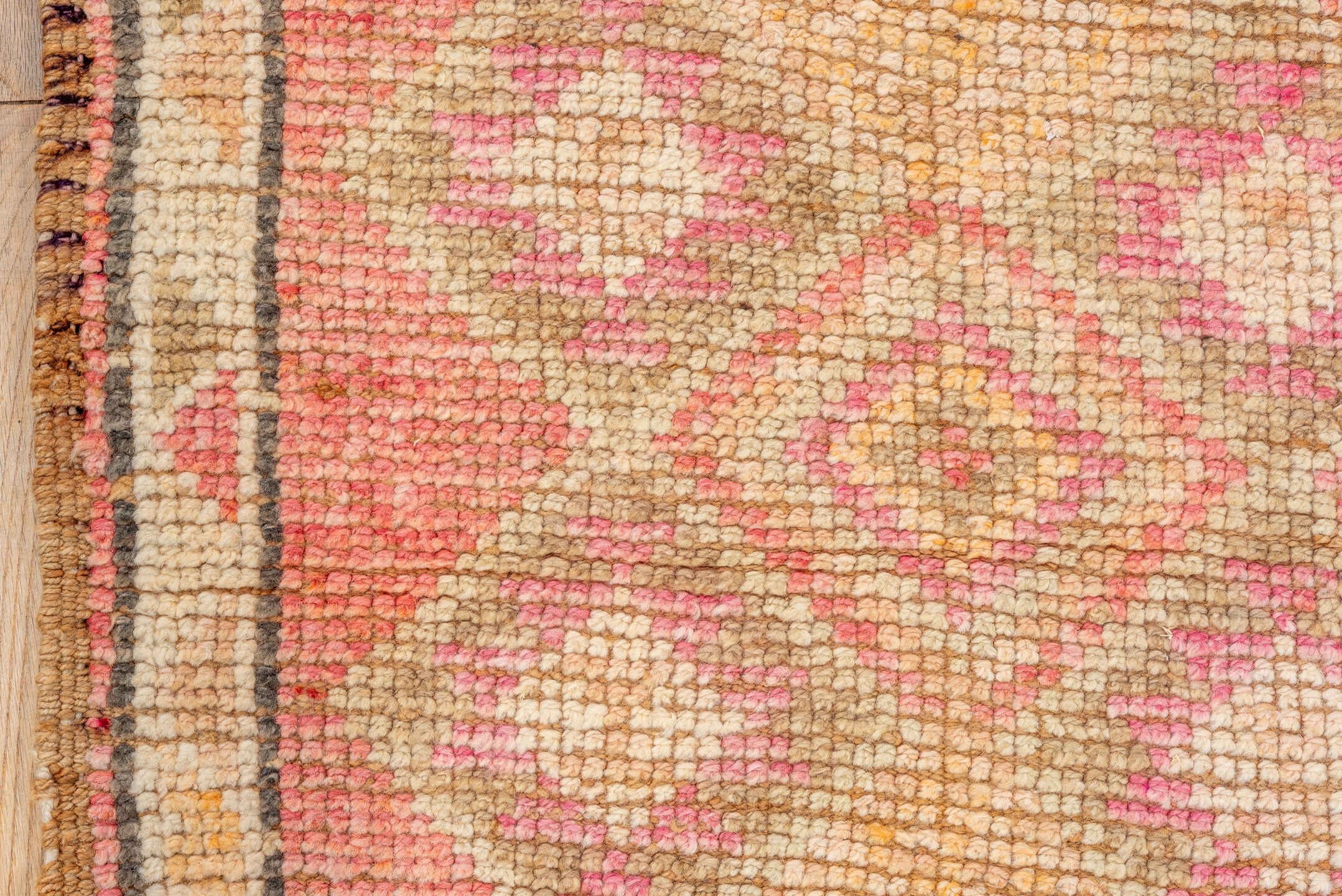 2' x 10' one-of-a-kind handmade vintage Oushak runner rug. Color palette: brown, red, pink, orange, off-white, dark salmon
