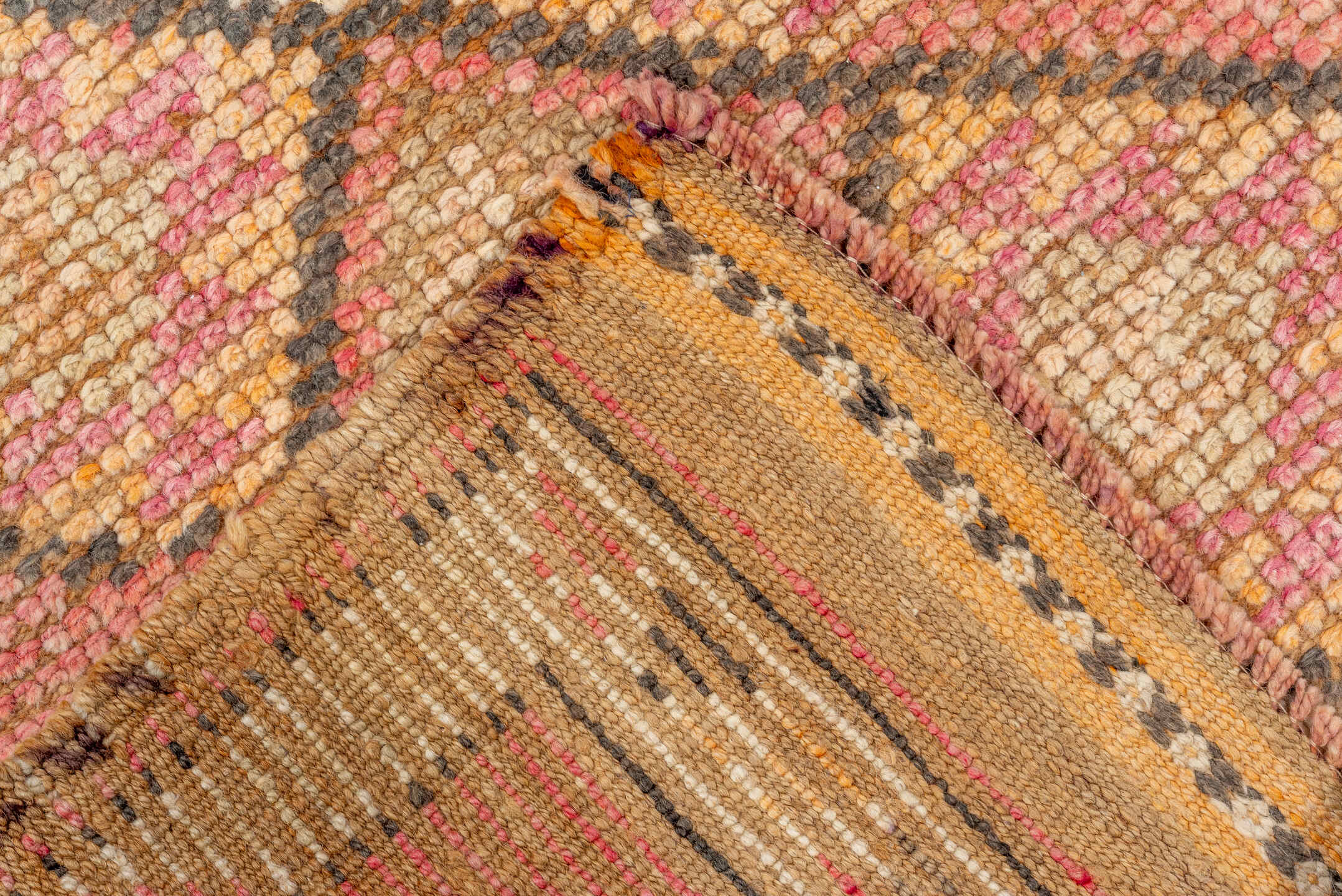 2' x 10' one-of-a-kind handmade vintage Oushak runner rug. Color palette: brown, red, pink, orange, off-white, dark salmon