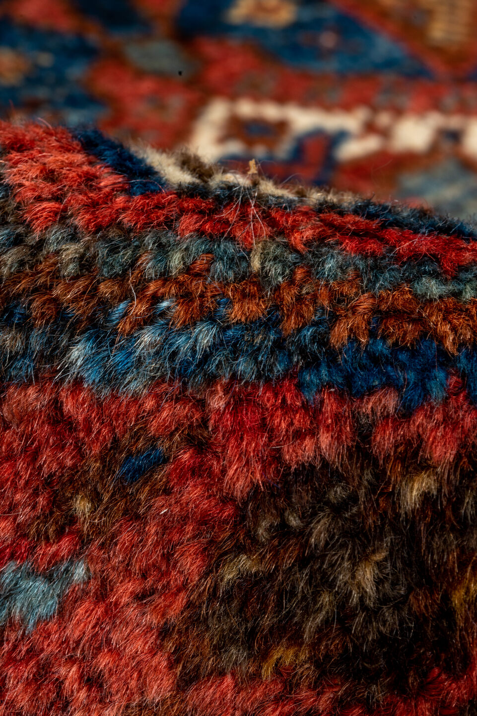 3' x 4' one-of-a-kind handmade vintage Shiraz small size rug. Color palette: gray, red, brown, pink, blue, off-white, fiord