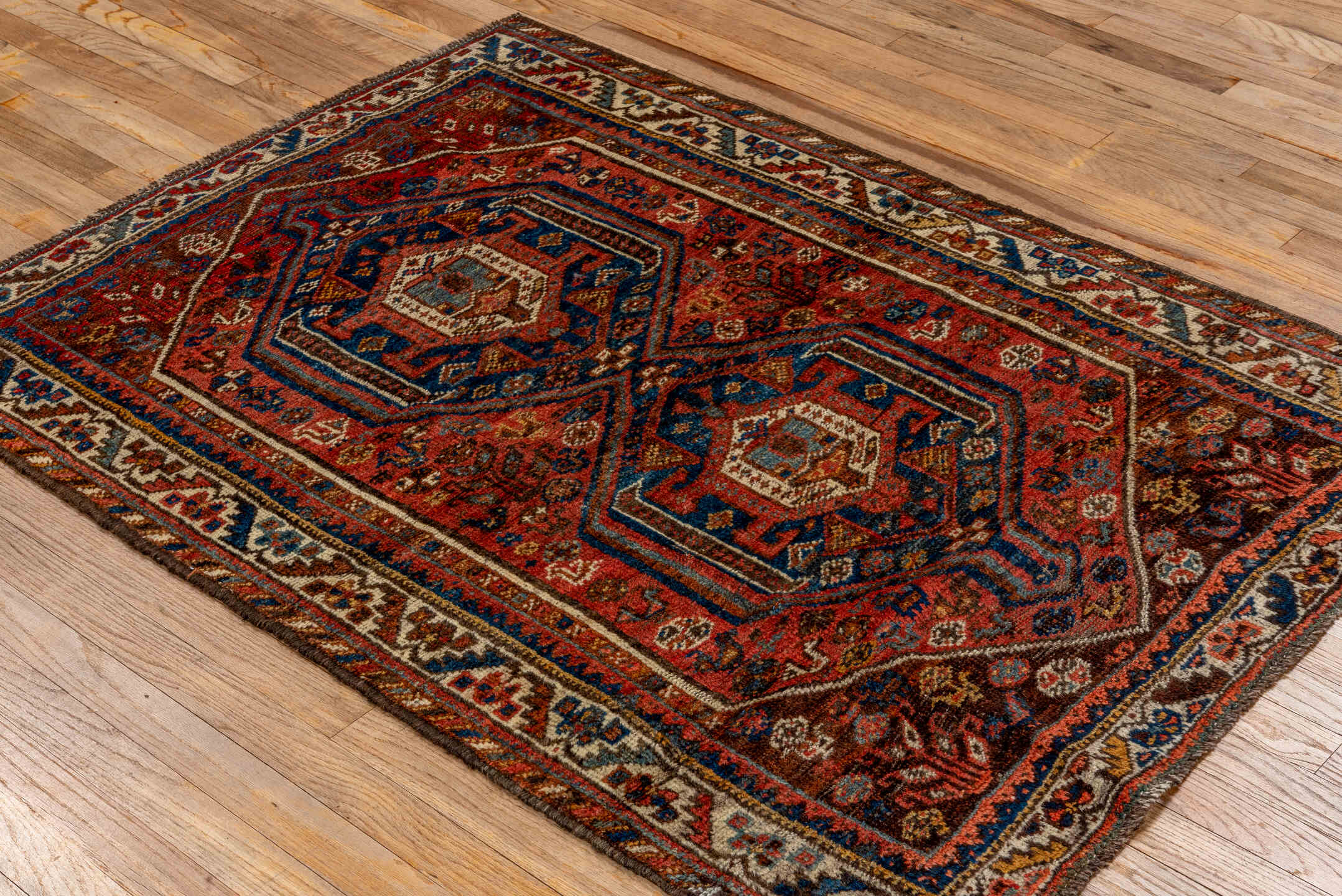 3' x 4' one-of-a-kind handmade vintage Shiraz small size rug. Color palette: gray, red, brown, pink, blue, off-white, fiord