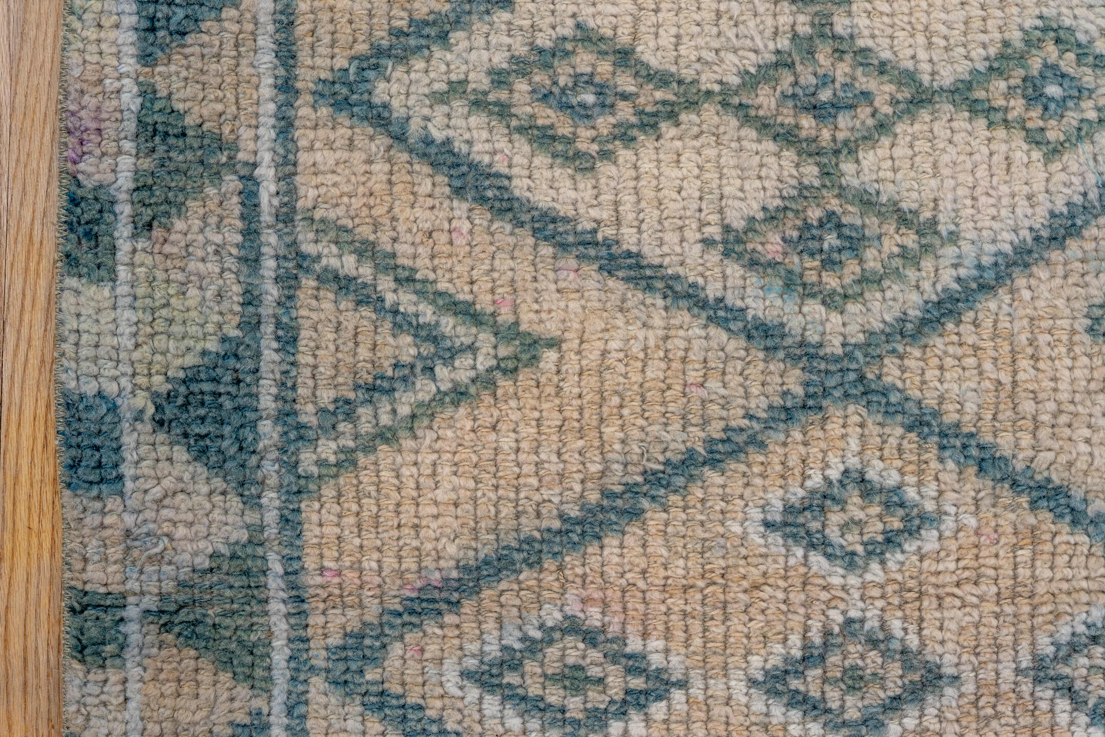 2' x 12' one-of-a-kind handmade vintage Oushak runner rug. Color palette: gray, light gray, off-white, blue, dark gray