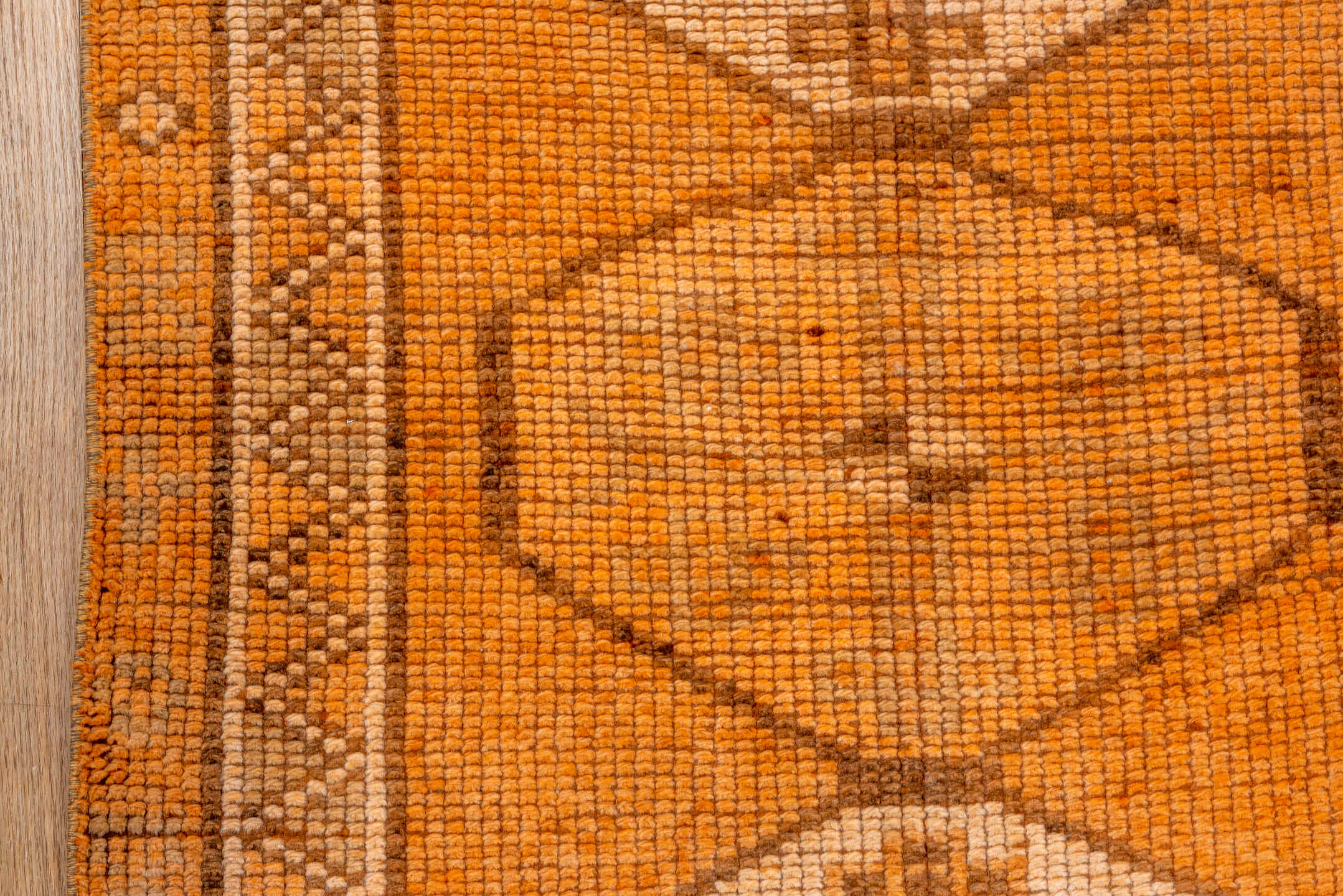 2' x 12' one-of-a-kind handmade vintage Oushak runner rug. Color palette: brown, pink, orange, off-white, white, snow