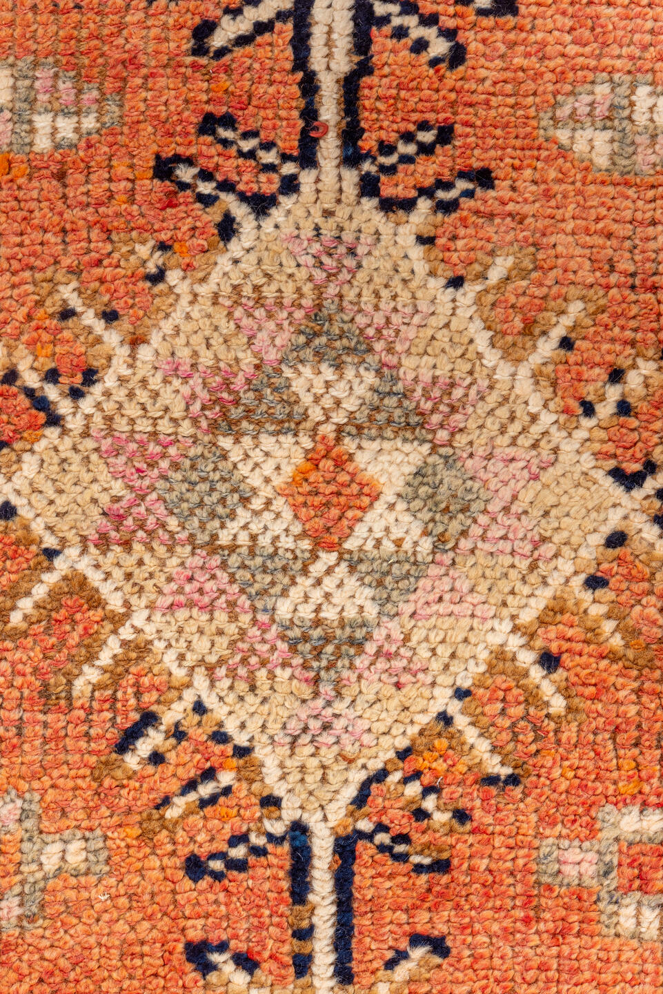 2' x 11' one-of-a-kind handmade vintage Oushak runner rug. Color palette: pink, orange, brown