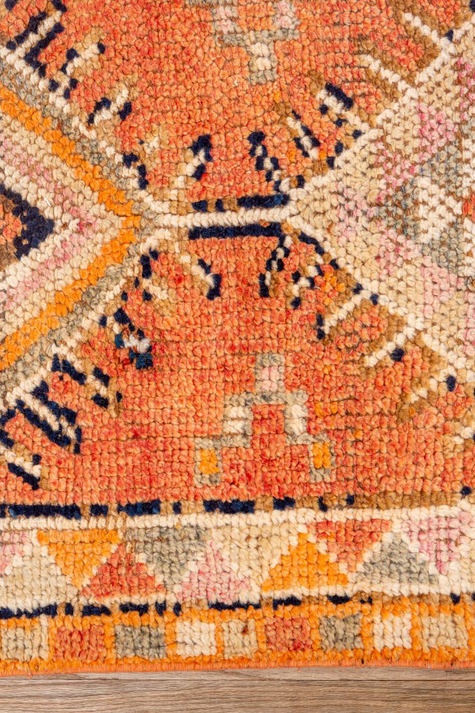 2' x 11' one-of-a-kind handmade vintage Oushak runner rug. Color palette: pink, orange, brown