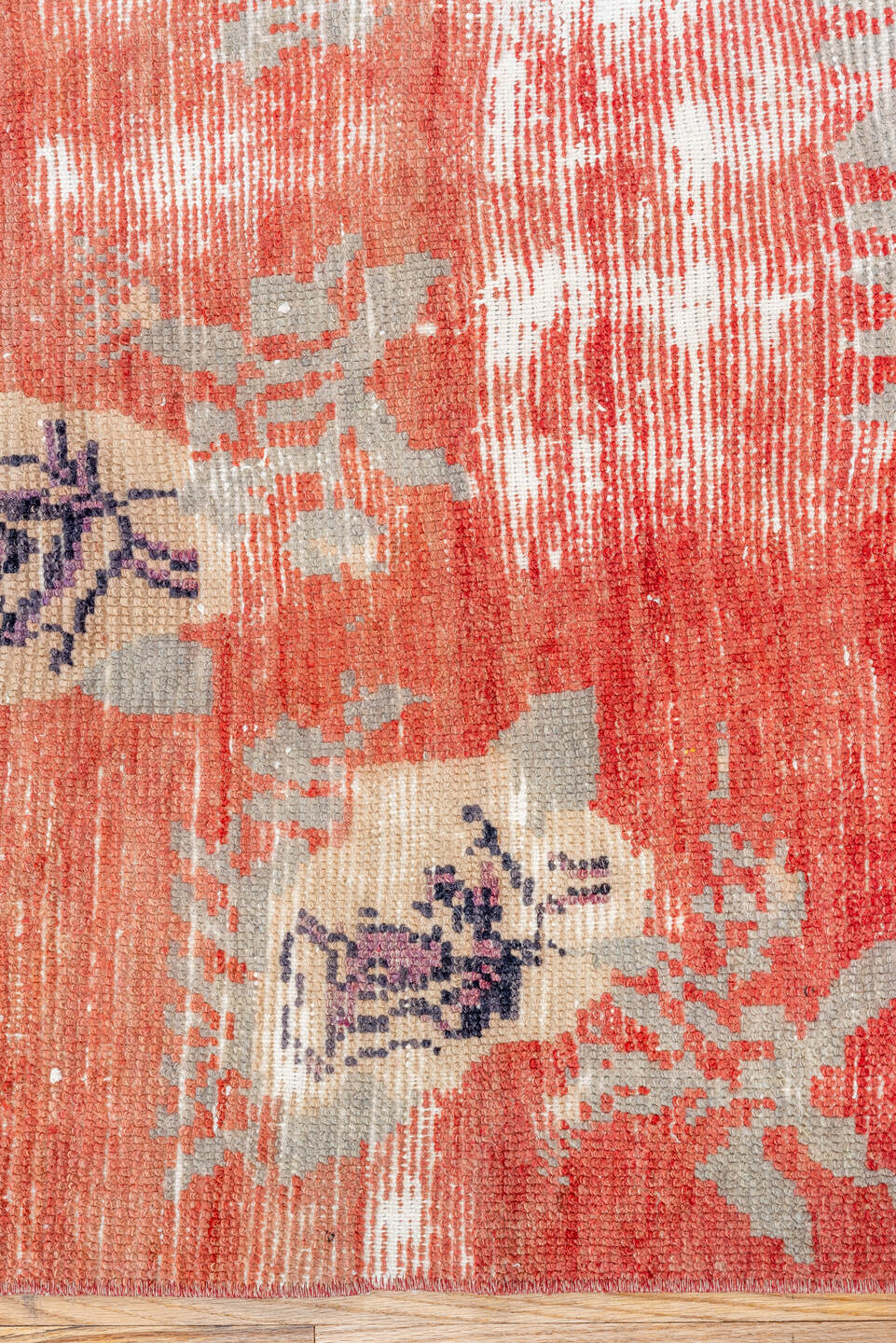 3' x 8' one-of-a-kind handmade vintage Oushak runner rug. Color palette: gray, pink, red, brown, light gray, off-white