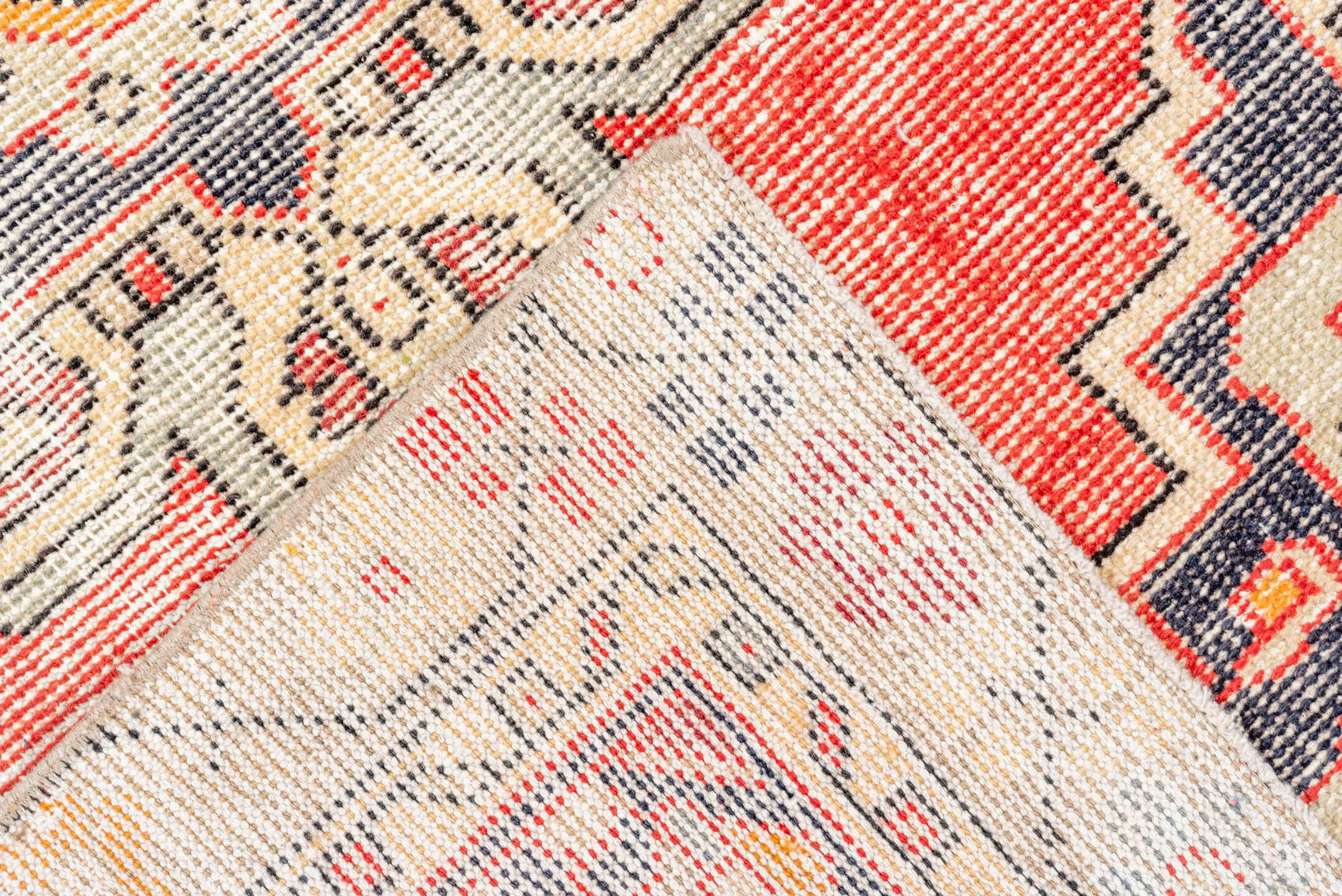 2' x 8' one-of-a-kind handmade vintage Oushak runner rug. Color palette: pink, gray, brown, red, orange, off-white