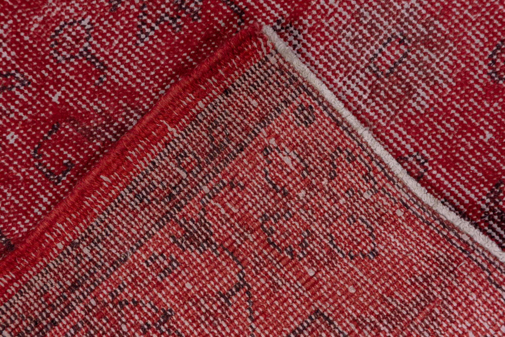 3' x 10' one-of-a-kind handmade vintage Overdyed runner rug. Color palette: brown, off-white, orange, pink, red, wine