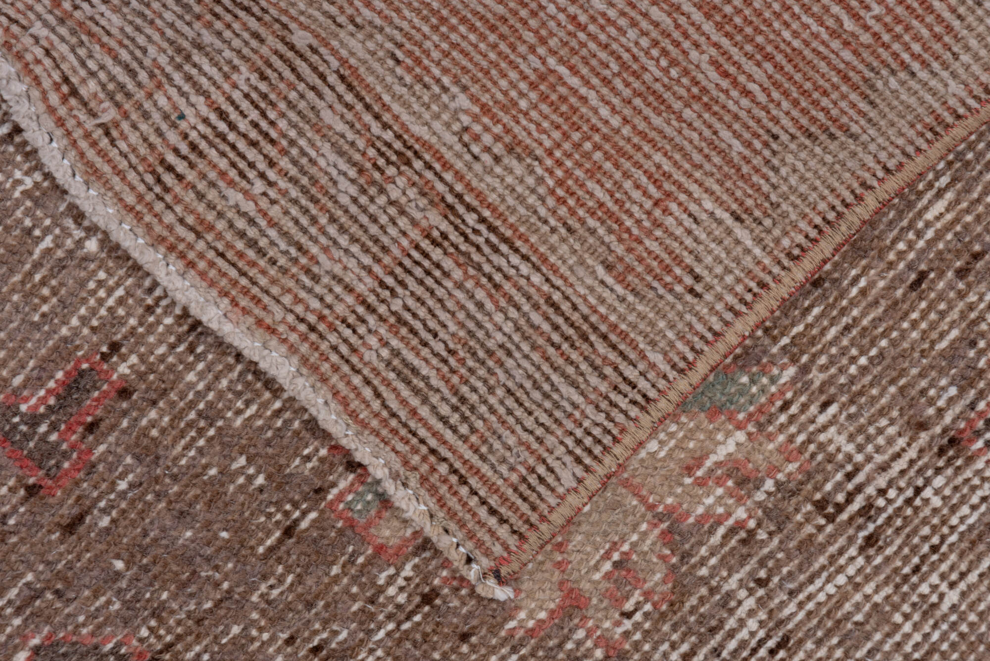 2' x 7' one-of-a-kind handmade vintage Oushak runner rug. Color palette: brown, gray, light gray, off-white, pink, red