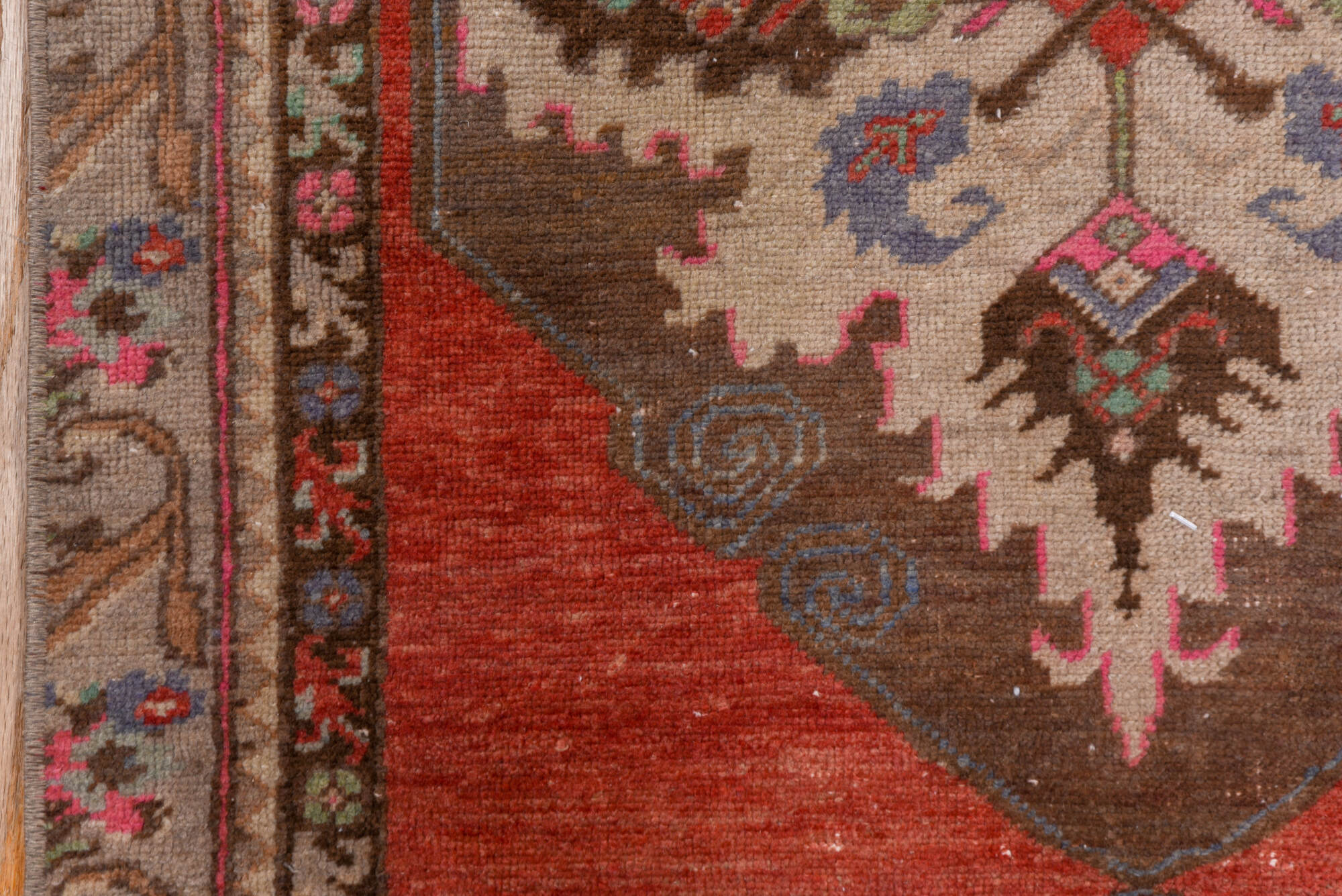 2' x 10' one-of-a-kind handmade vintage Oushak runner rug. Color palette: brown, gray, indian red, pink, red, redwood