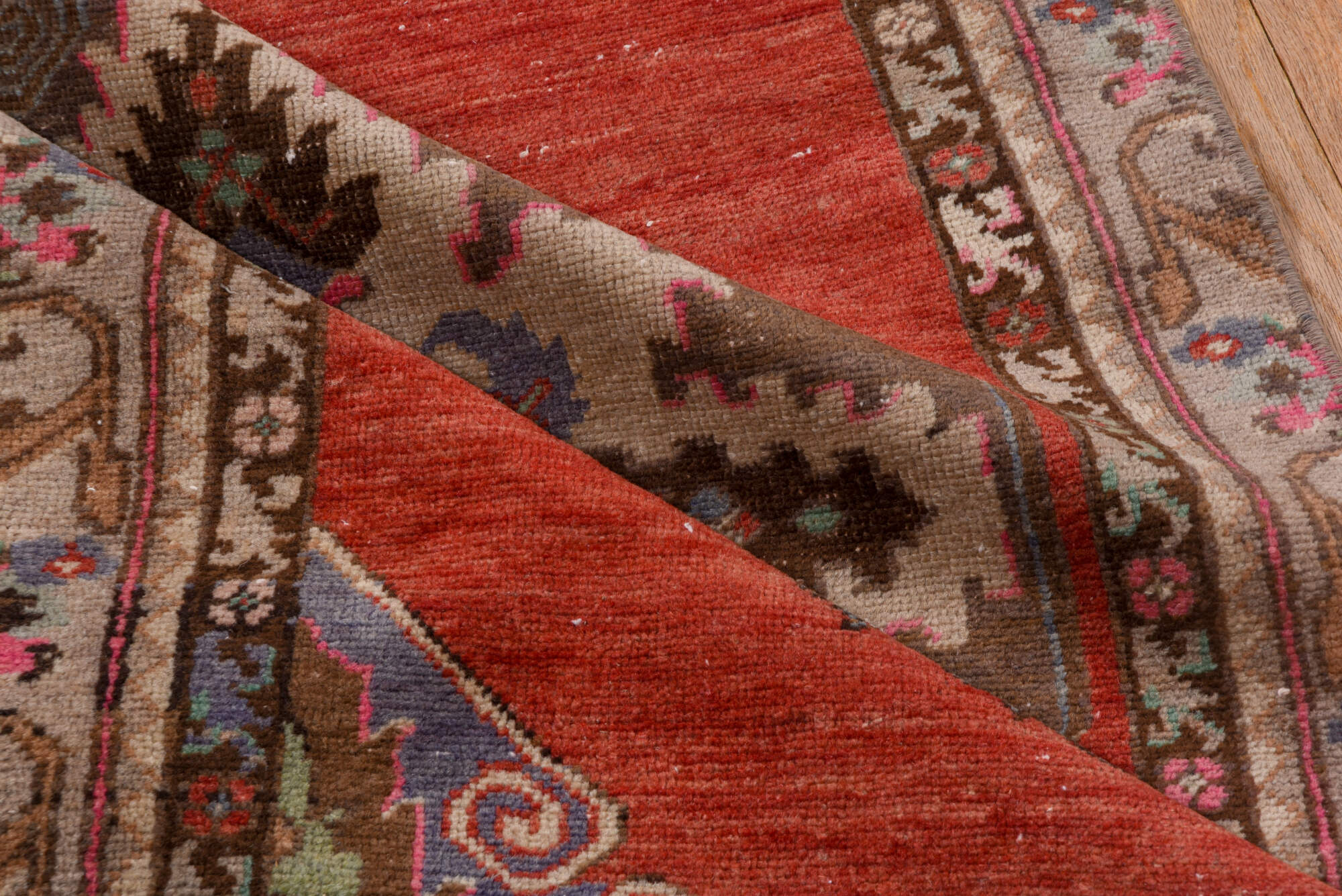 2' x 10' one-of-a-kind handmade vintage Oushak runner rug. Color palette: brown, gray, indian red, pink, red, redwood