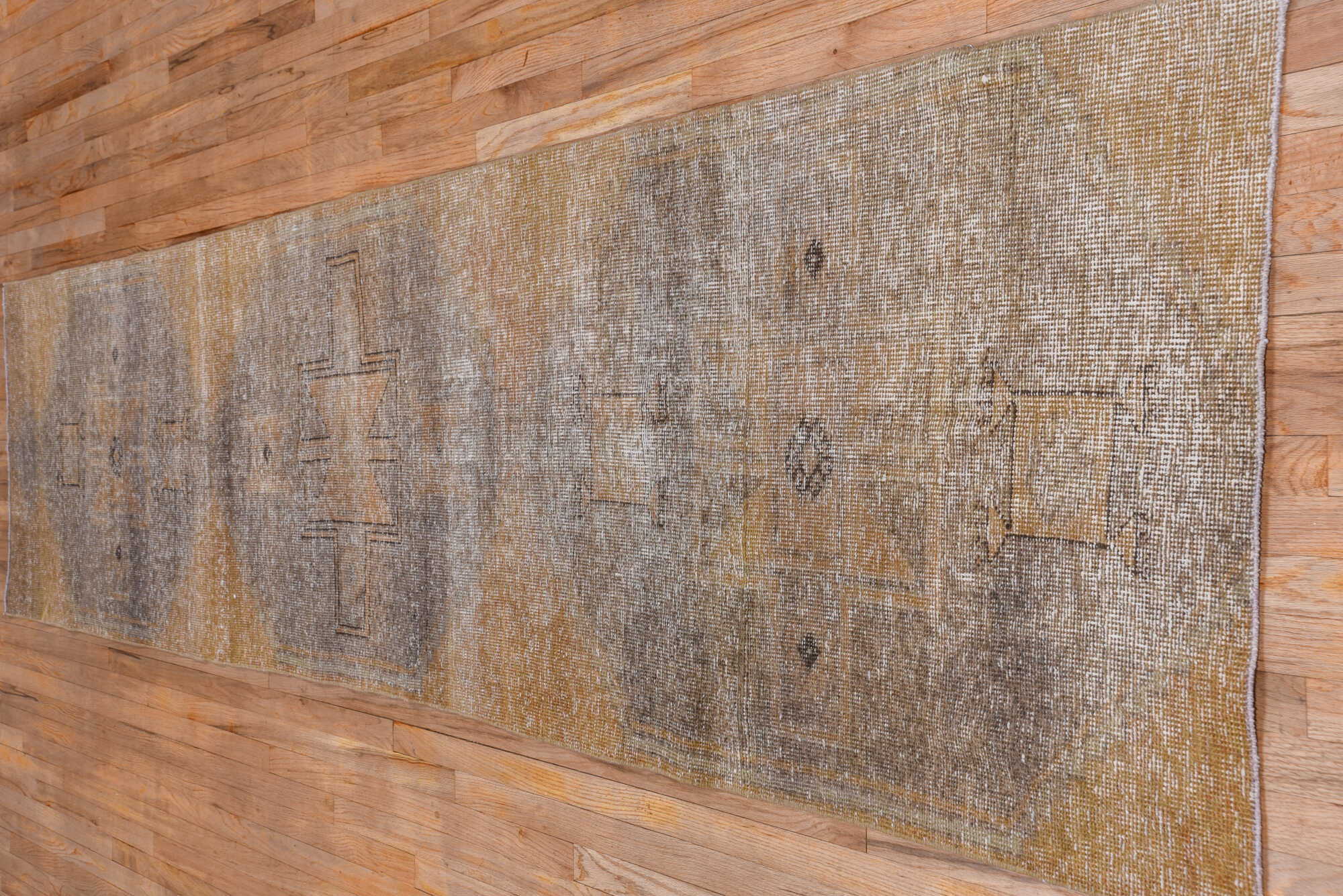 3' x 12' one-of-a-kind handmade vintage Oushak runner rug. Color palette: brown, gray, light gray, off-white, pink, snow