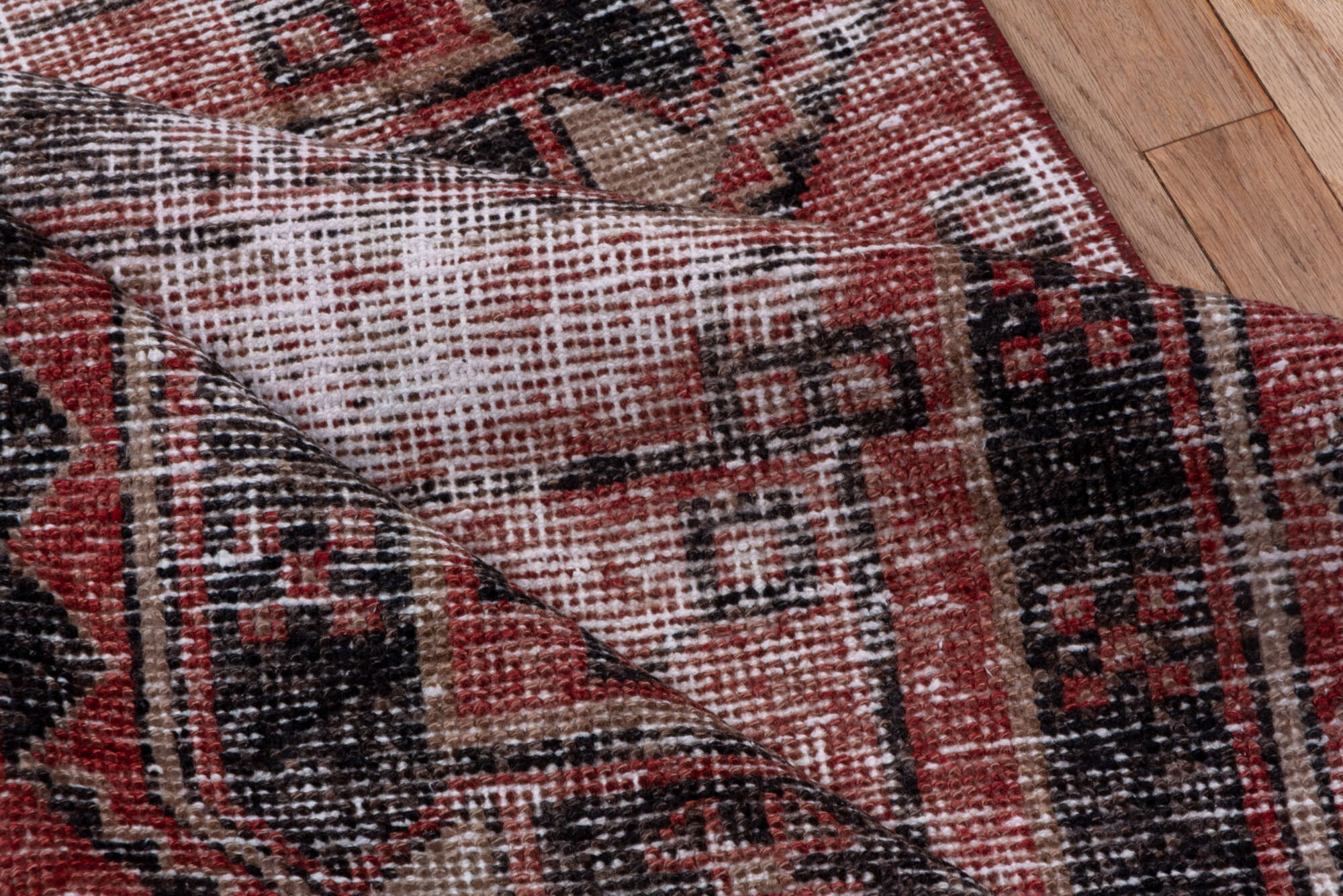 2' x 11' one-of-a-kind handmade vintage Oushak runner rug. Color palette: brown, gray, light gray, pink, red