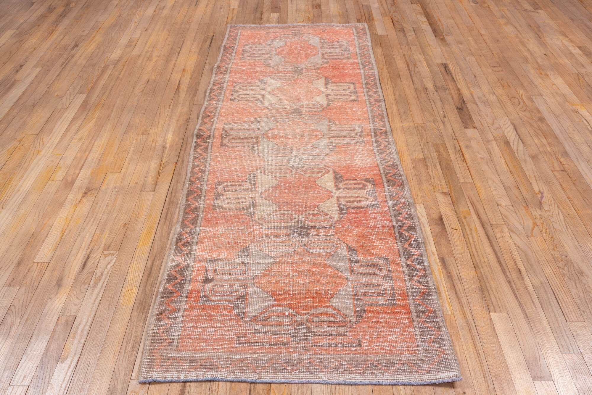 3' x 8' one-of-a-kind handmade vintage Oushak runner rug. Color palette: brown, gray, light gray, off-white, pink, snow