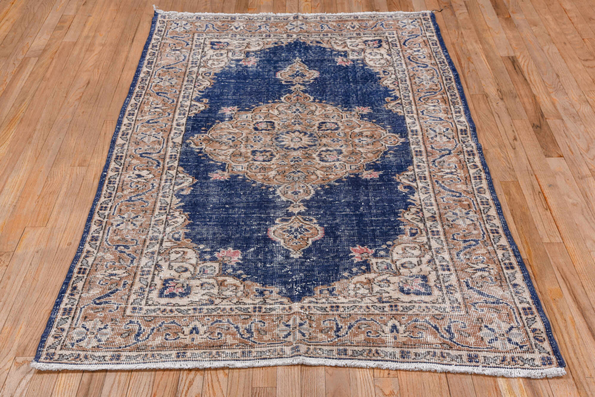 4' x 6' one-of-a-kind handmade vintage Oushak small size rug. Color palette: blue, brown, fiord, gray, light gray, off-white