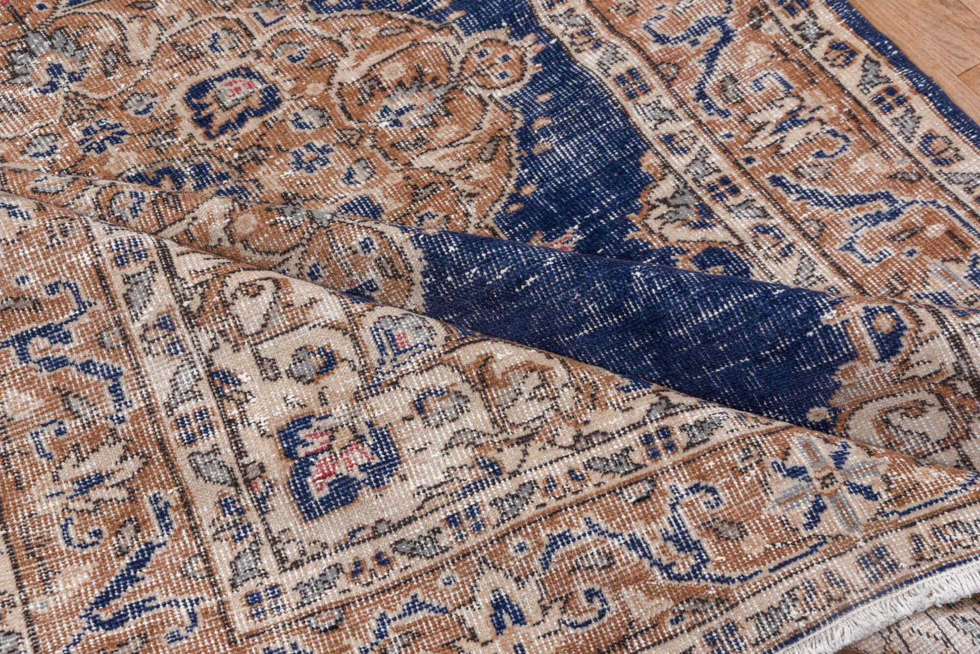 4' x 6' one-of-a-kind handmade vintage Oushak small size rug. Color palette: blue, brown, fiord, gray, light gray, off-white