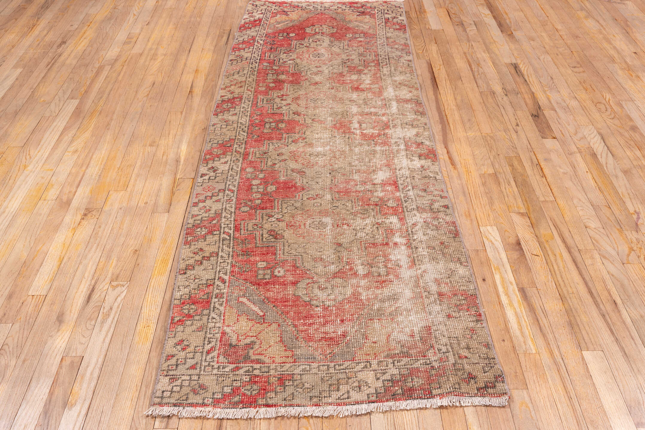 2' x 9' one-of-a-kind handmade vintage Oushak runner rug. Color palette: red, pink, brown, off-white, white, snow