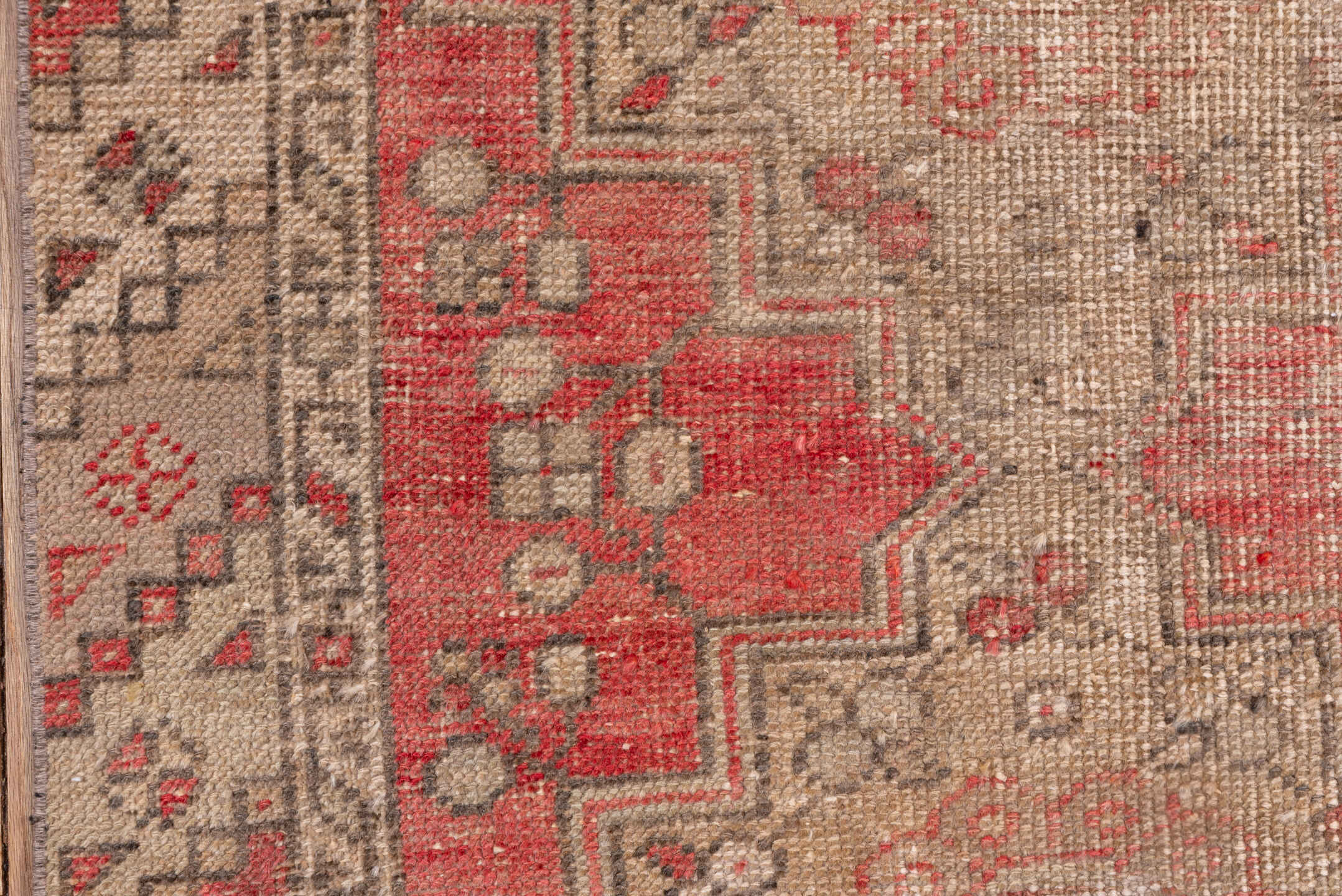 2' x 9' one-of-a-kind handmade vintage Oushak runner rug. Color palette: red, pink, brown, off-white, white, snow