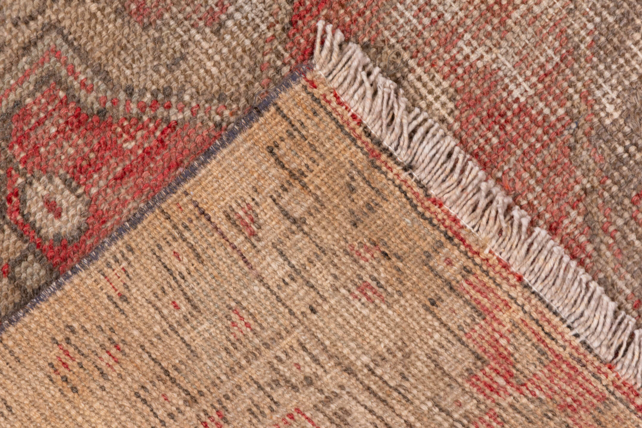 2' x 9' one-of-a-kind handmade vintage Oushak runner rug. Color palette: red, pink, brown, off-white, white, snow